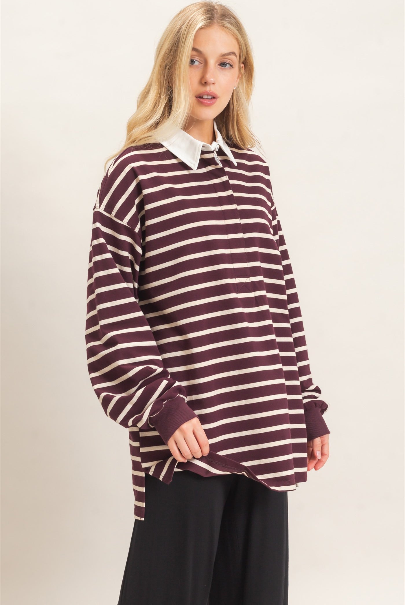 Wholesale Striped Polo Long Sleeve Top Clothing Tops HF26F078 RASPBERRY/ECRU HYFVE