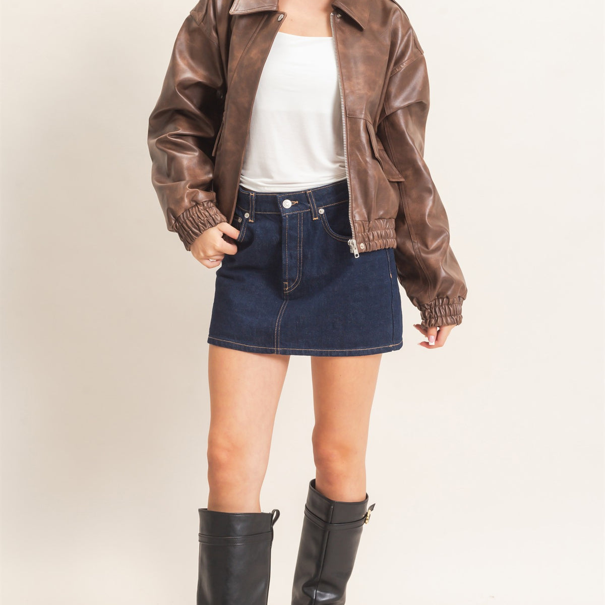 Wholesale Faux Leather Collared Bomber Jacket Bomber Jackets HF26C847 BROWN HYFVE