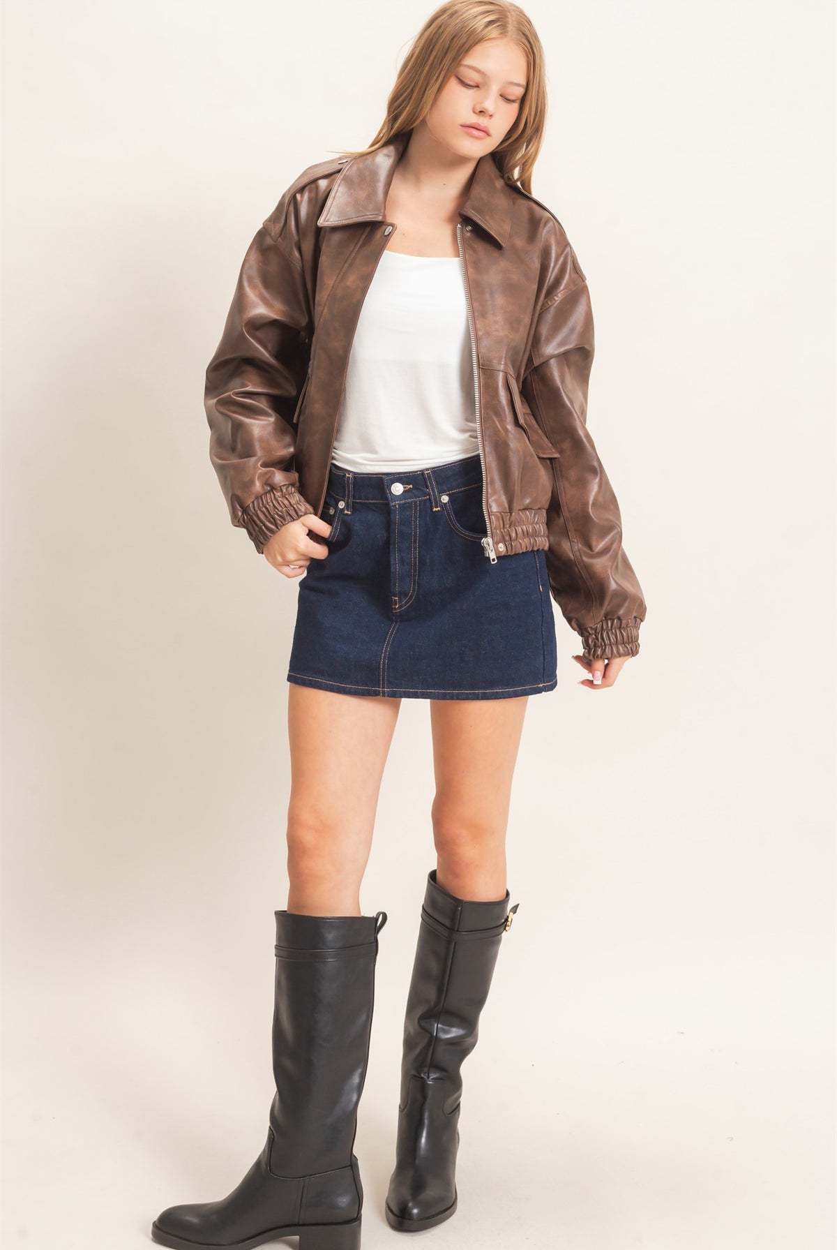 Wholesale Faux Leather Collared Bomber Jacket Bomber Jackets HF26C847 BROWN HYFVE
