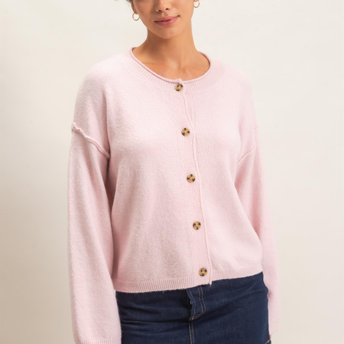 Wholesale Crew Neck Loose Fit Cardigan Cardigans DZ26E269 LIGHT PINK DOUBLE ZERO