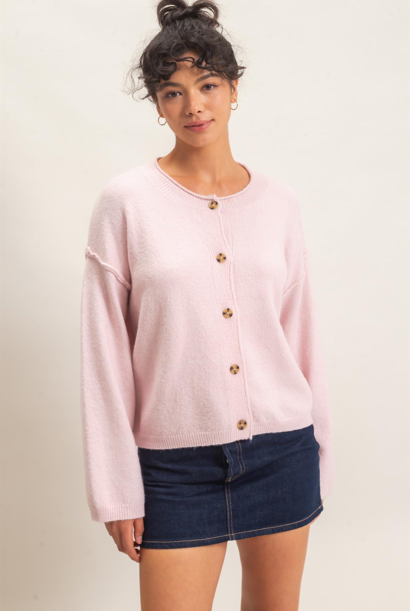Wholesale Crew Neck Loose Fit Cardigan Cardigans DZ26E269 LIGHT PINK DOUBLE ZERO