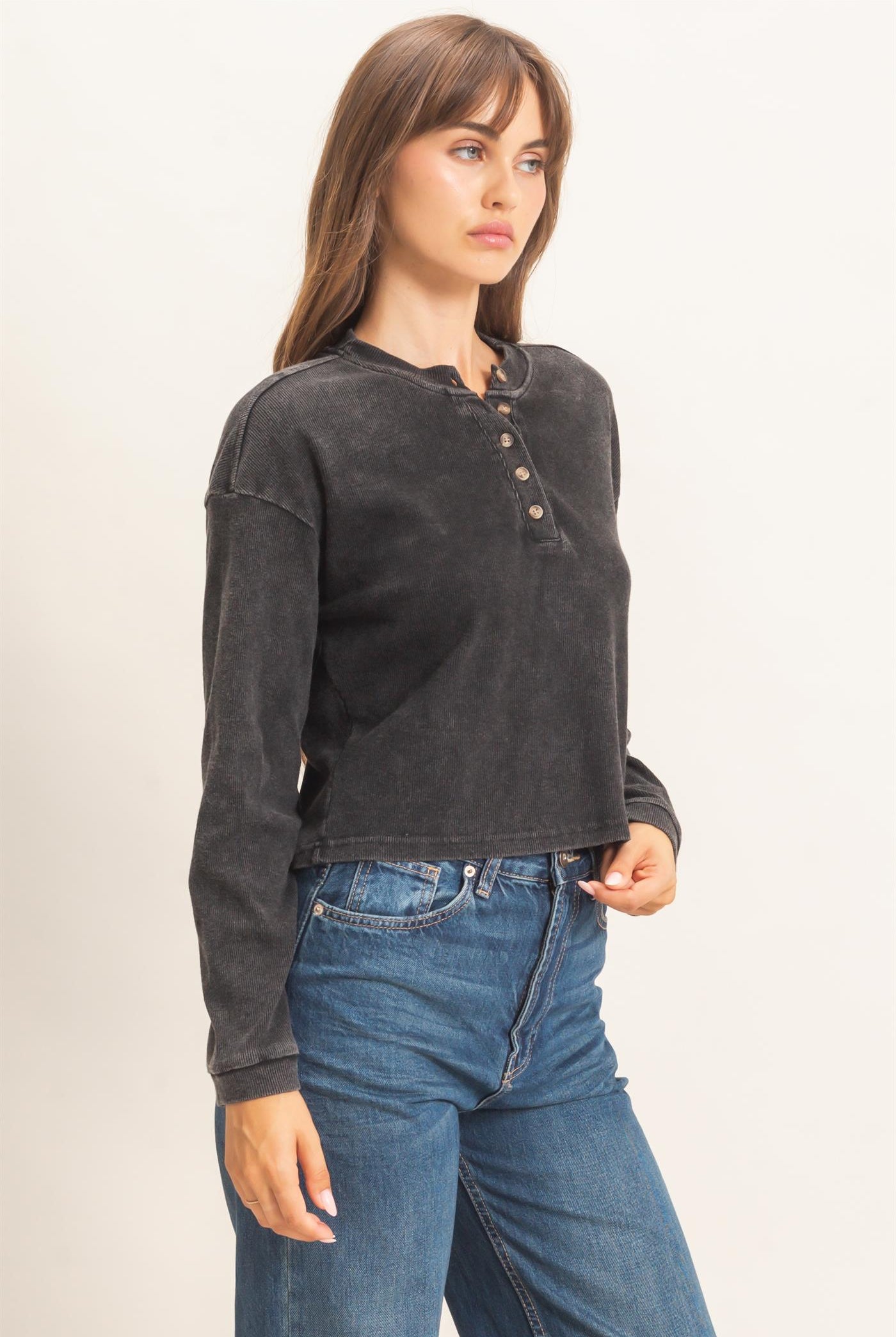 Wholesale Buttoned Henley Top Clothing Tops HF26F081 BLACK HYFVE