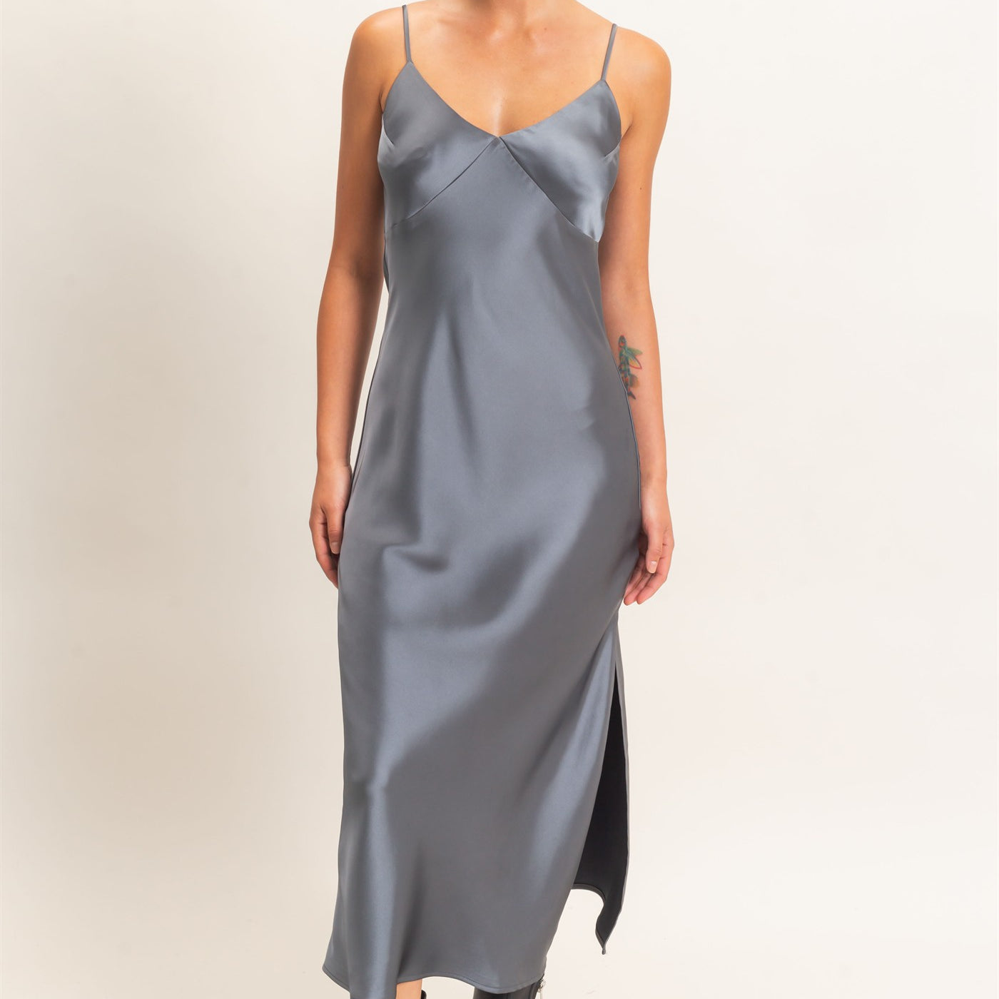Wholesale Satin V-Neck Slip Dress Dresses DZ26E262 DARK GRAY DOUBLE ZERO
