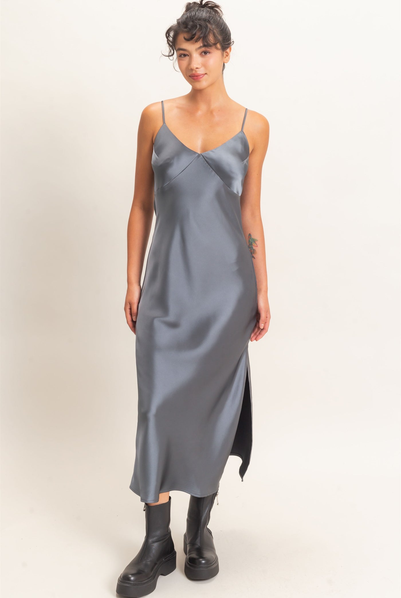 Wholesale Satin V-Neck Slip Dress Dresses DZ26E262 DARK GRAY DOUBLE ZERO