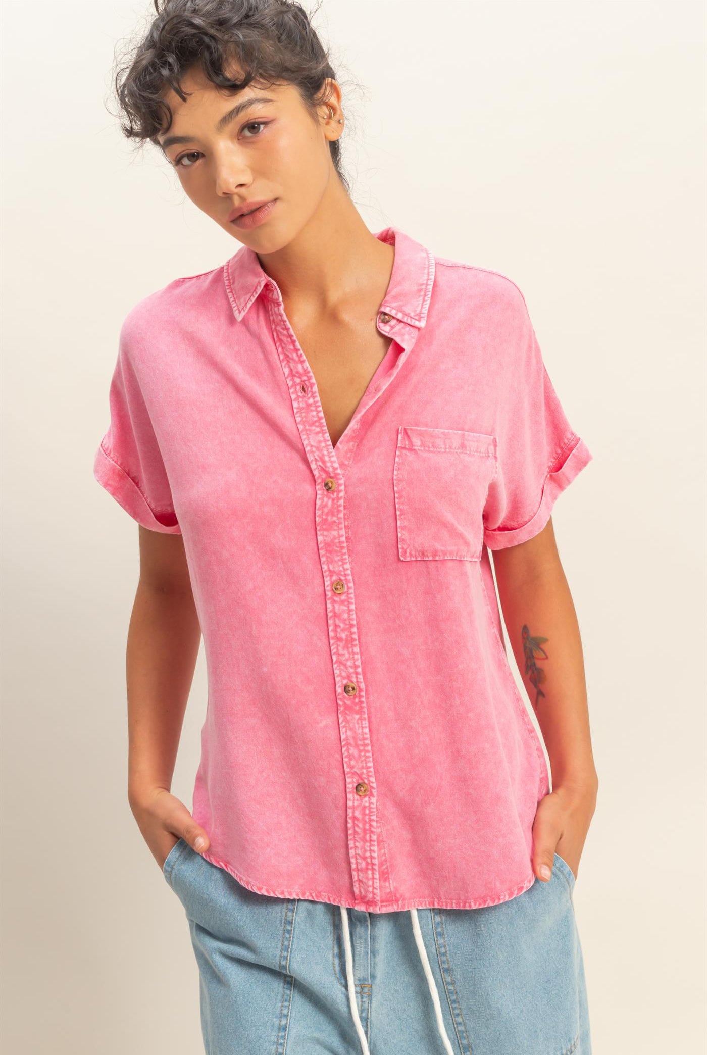 Wholesale Mineral Wash Button-Up Dolman Sleeve Shirt Shirts DZ26C132 TAFFY PINK DOUBLE ZERO