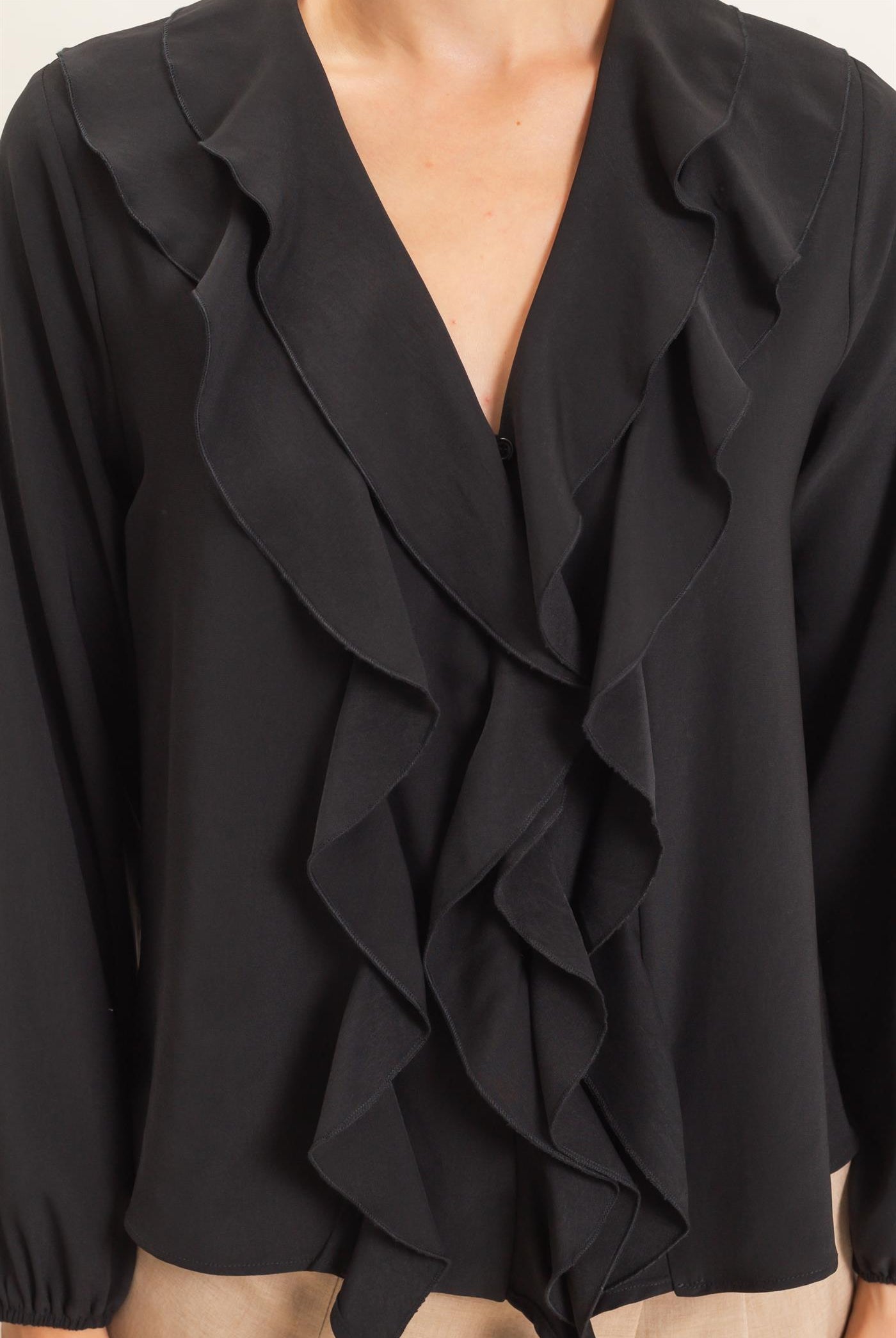 Wholesale Ruffled V-Neck Button-Up Blouse Blouses HF26C739 BLACK HYFVE