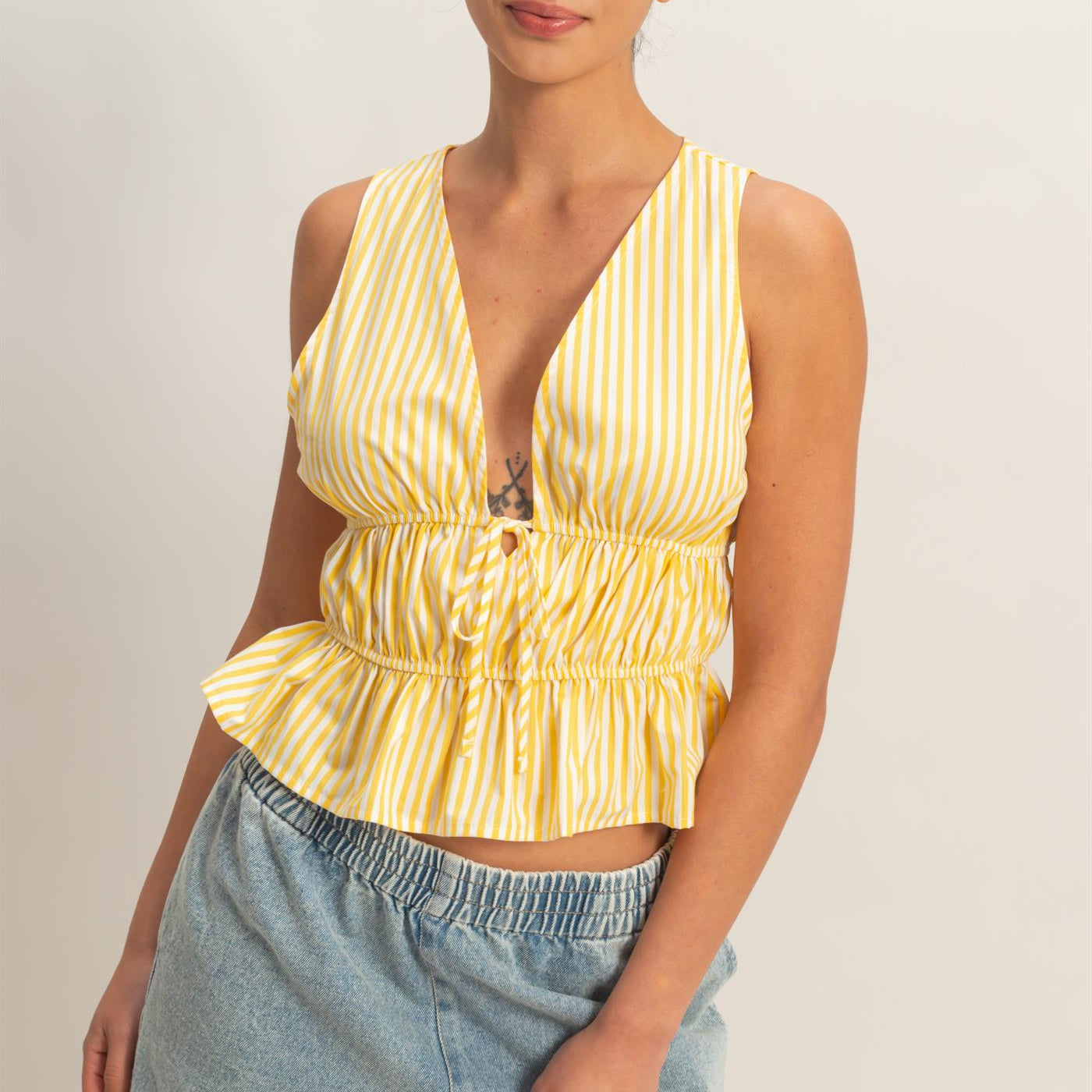 Wholesale Striped Tie Front Peplum Sleeveless Top Clothing Tops DZ26C534 YELLOW DOUBLE ZERO
