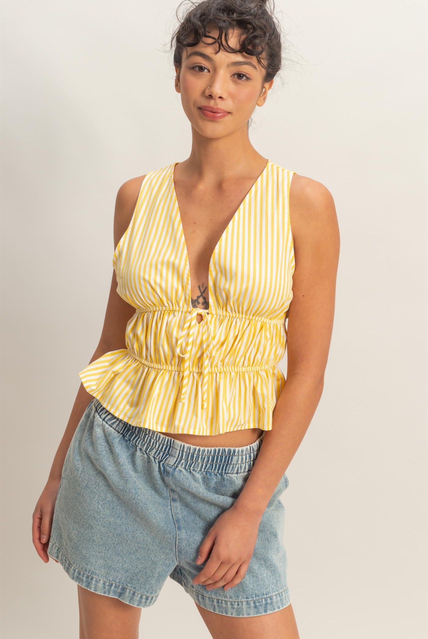 Wholesale Striped Tie Front Peplum Sleeveless Top Clothing Tops DZ26C534 YELLOW DOUBLE ZERO