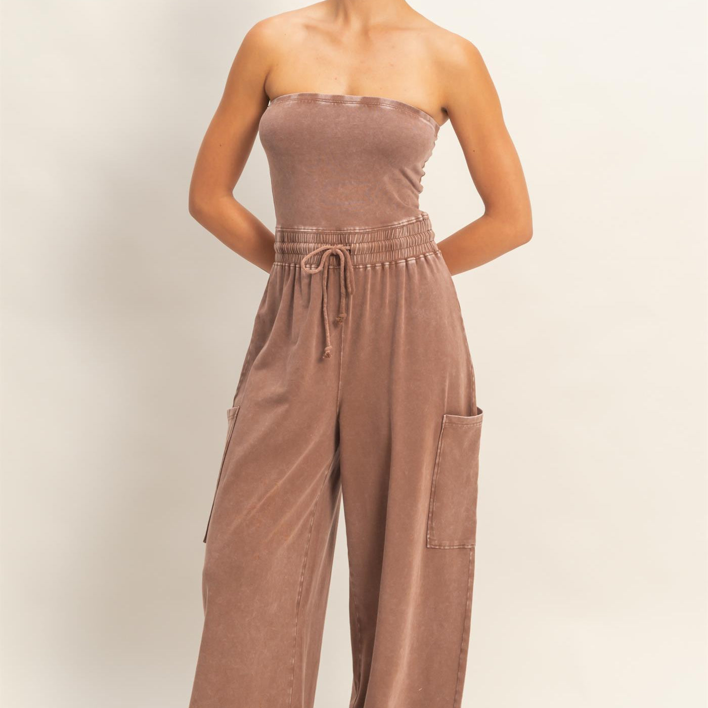 Wholesale Mineral Wash Strapless Wide-Leg Jumpsuit Clothing DZ26C376 CHOCOLATE DOUBLE ZERO