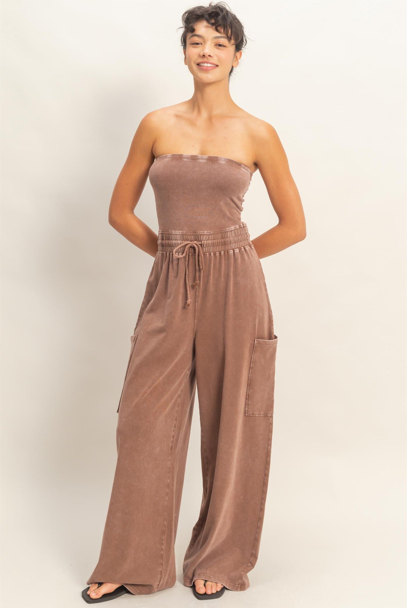 Wholesale Mineral Wash Strapless Wide-Leg Jumpsuit Clothing DZ26C376 CHOCOLATE DOUBLE ZERO