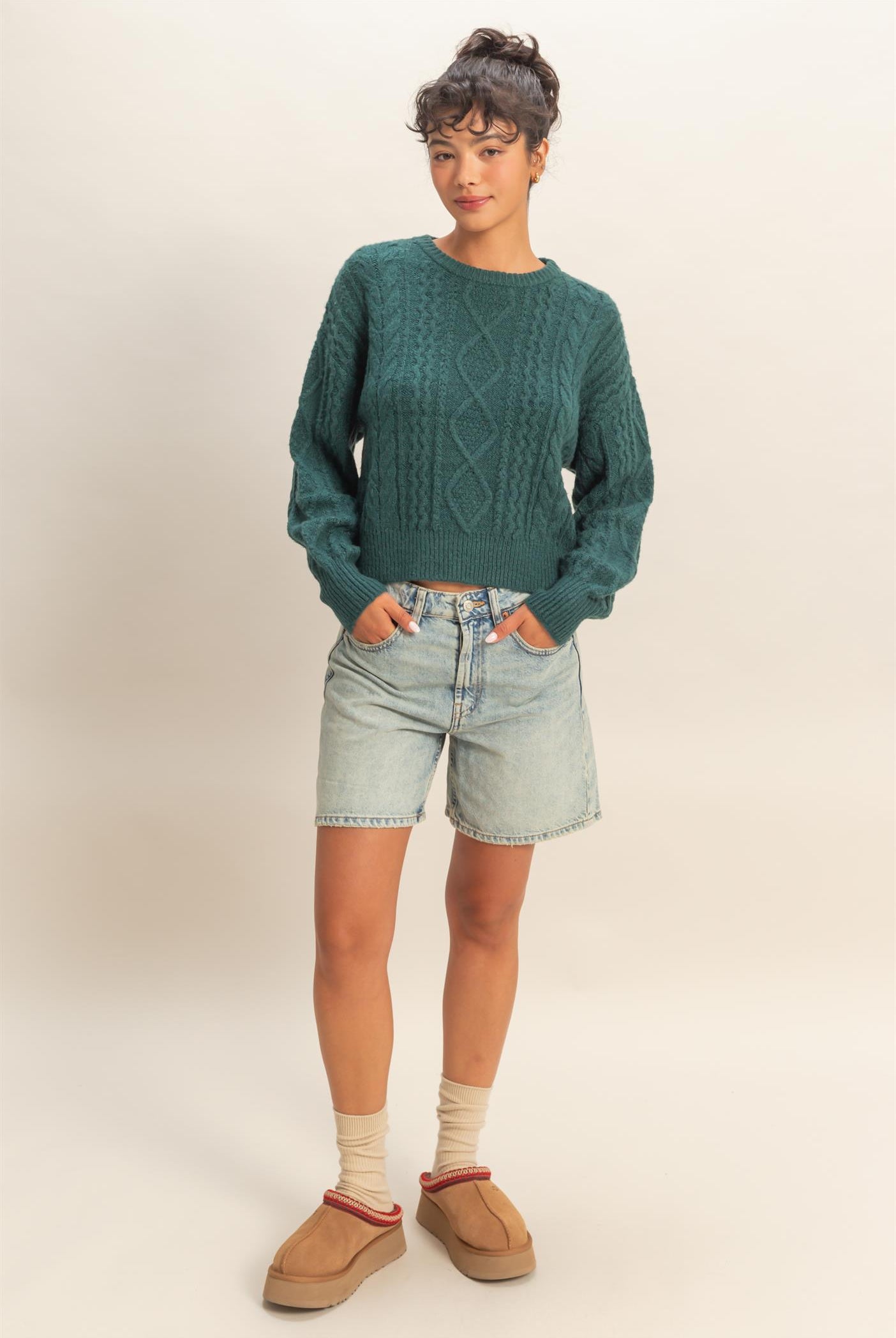 Wholesale Cable Knit Balloon Sleeve Sweater Sweaters DZ25F126 DEEP GREEN DOUBLE ZERO