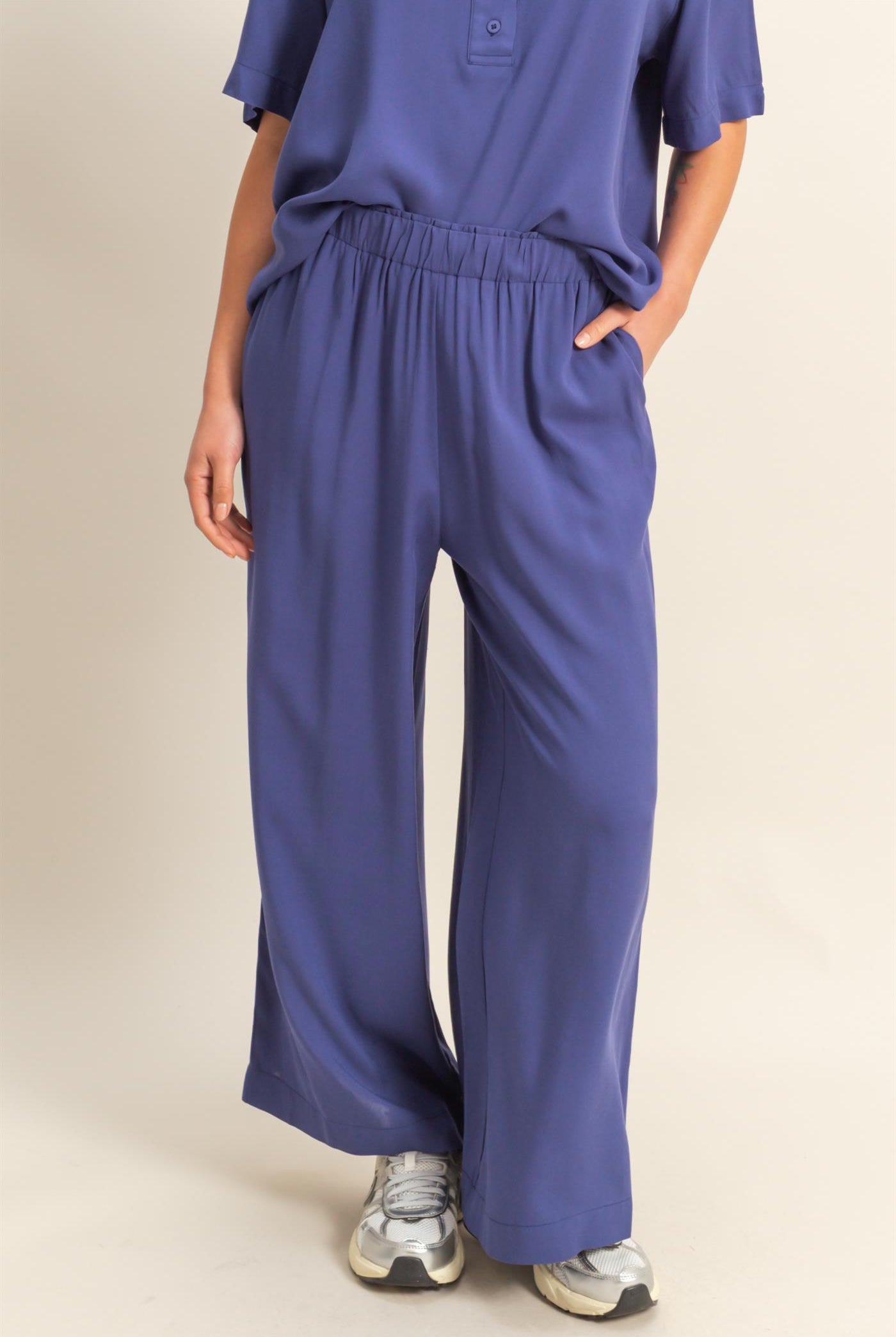 Wholesale High Waist Woven Wide Leg Pants Pants DZ25C192 DUSTY INDIGO DOUBLE ZERO