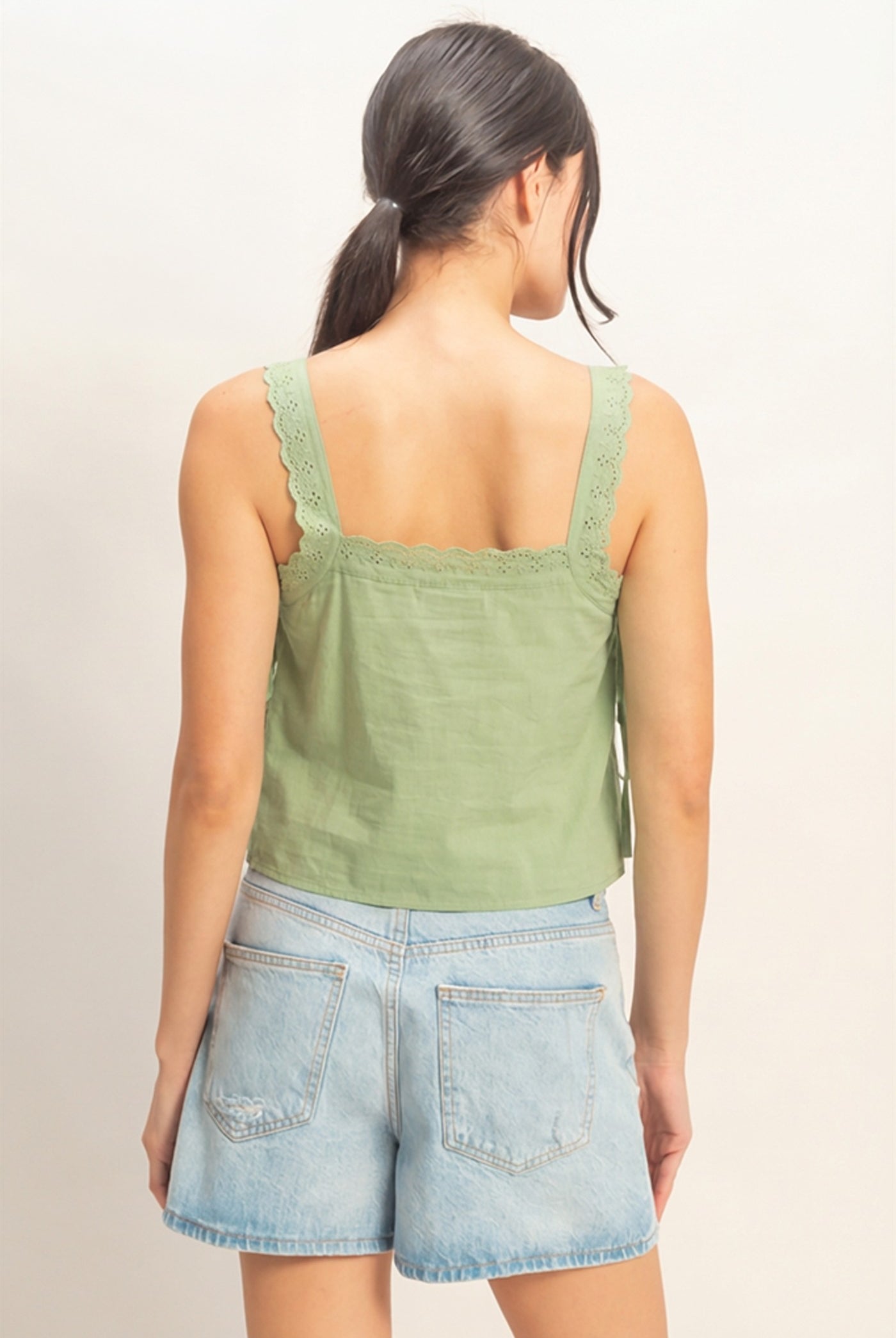 Wholesale Pleated Lace Trim Tank Tank Tops HF26C271 LIGHT OLIVE HYFVE