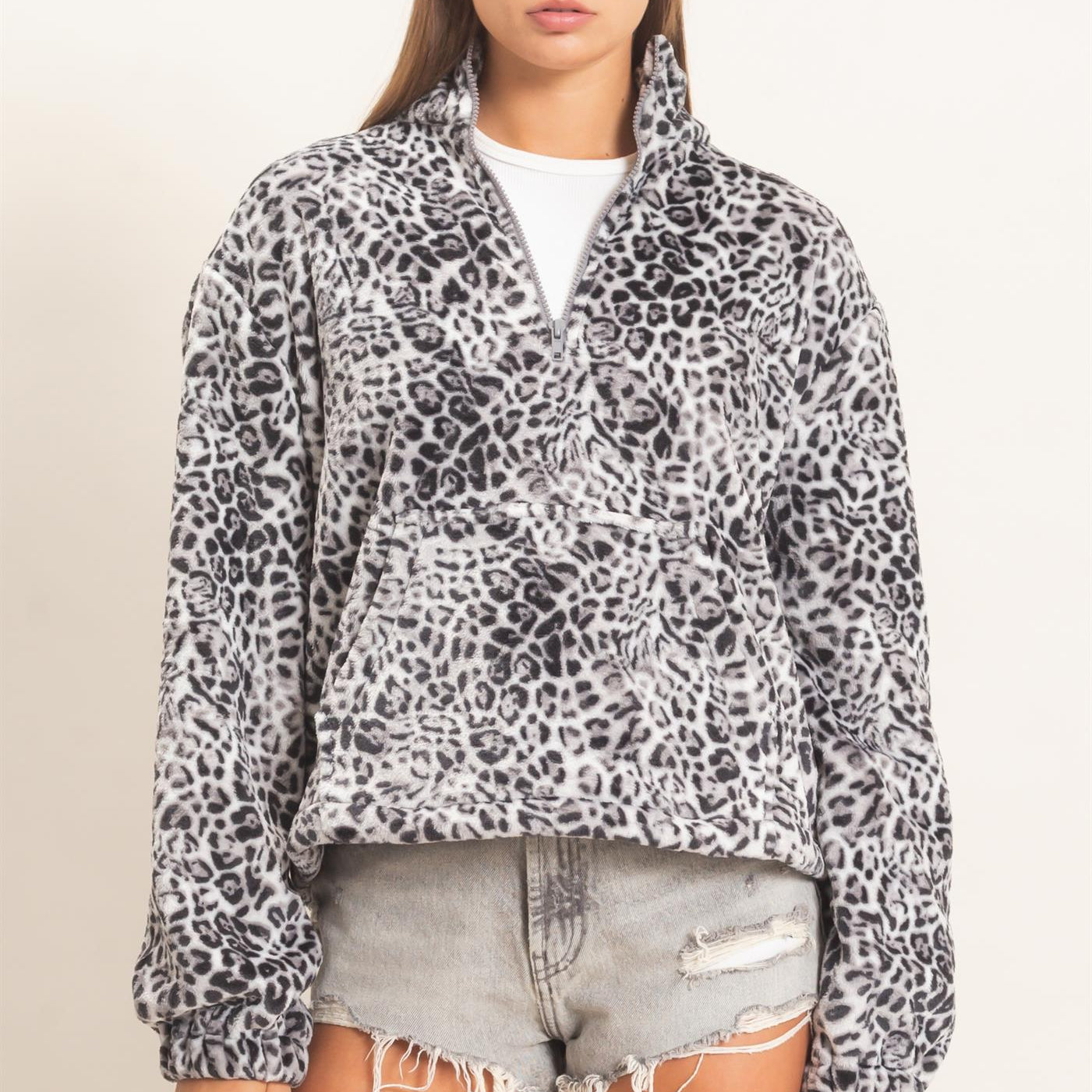 Wholesale Leopard Print Fleece Half Zip Pullover Sweaters DZ26E830 GRAY DOUBLE ZERO