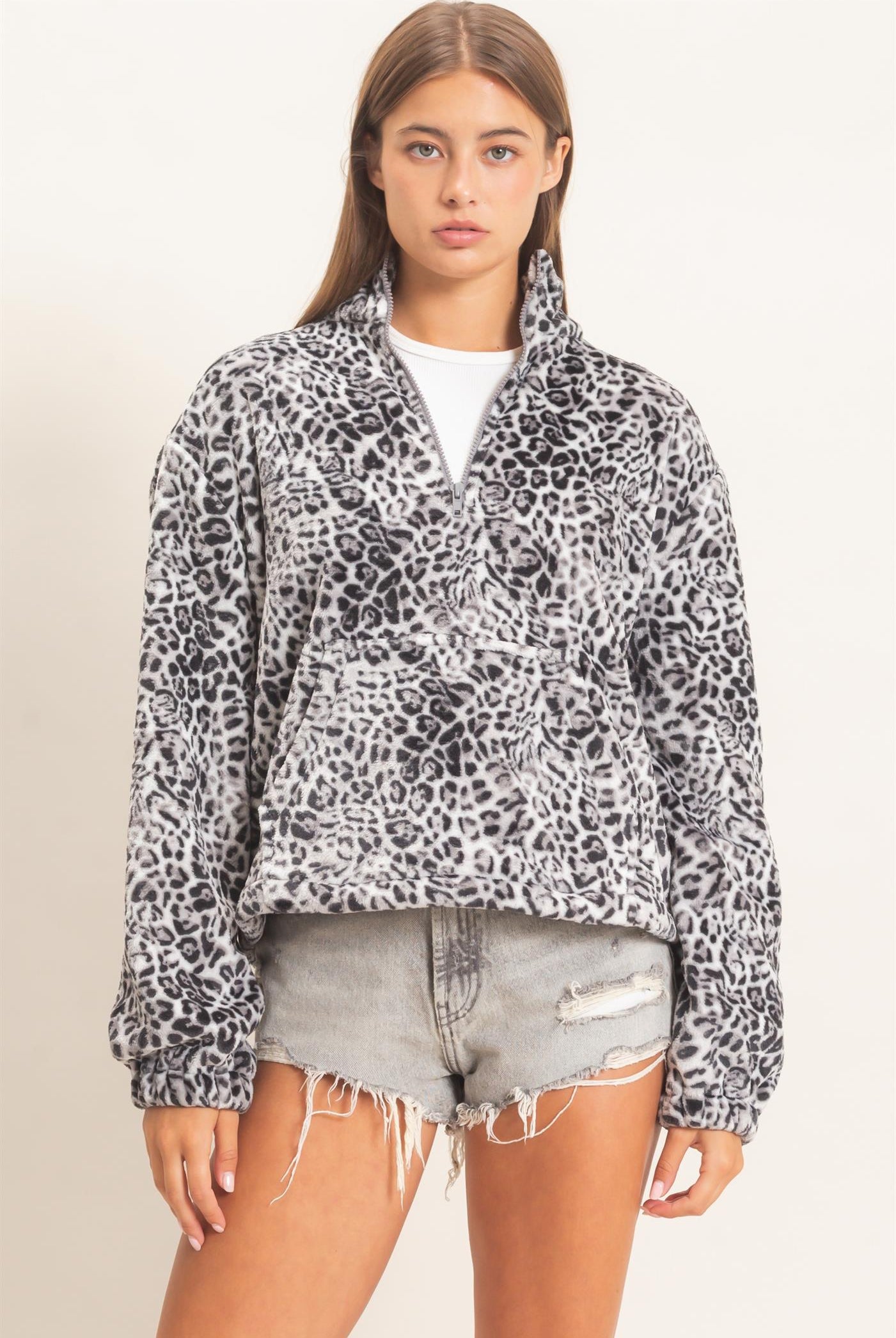 Wholesale Leopard Print Fleece Half Zip Pullover Sweaters DZ26E830 GRAY DOUBLE ZERO