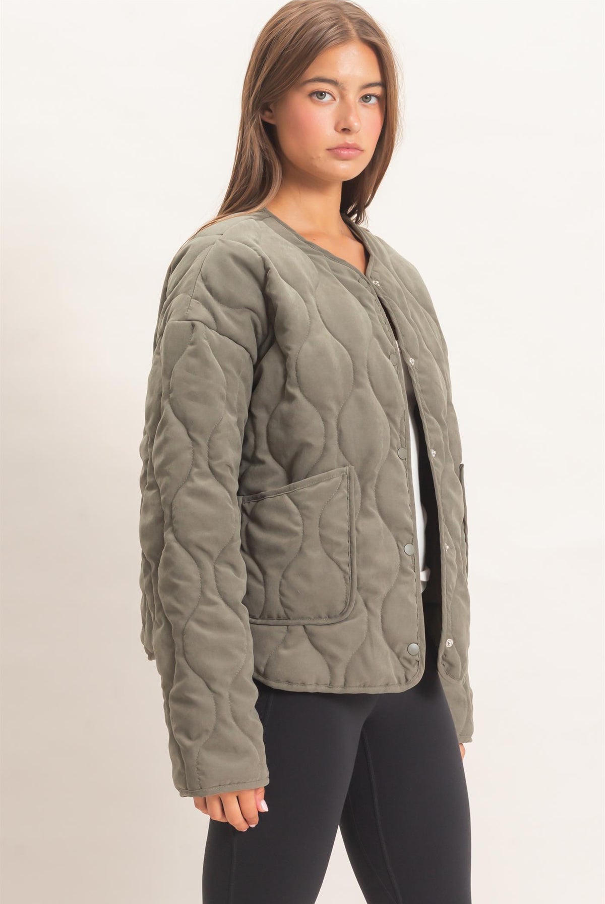 Wholesale Quilted Button Front Jacket Coats & Jackets DZ26F254 OLIVE DOUBLE ZERO