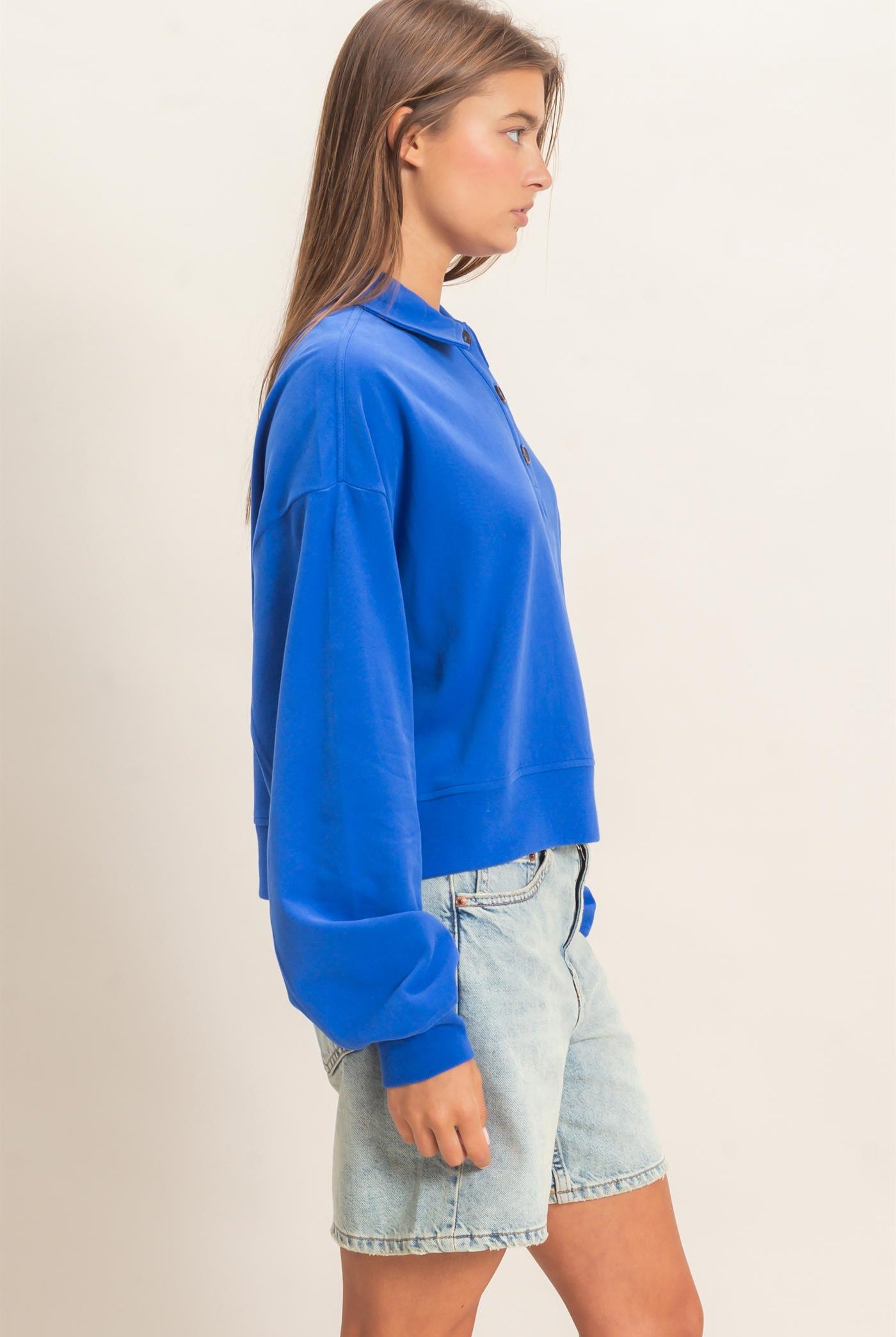Wholesale Washed Button-Front Collared Sweatshirt Sweatshirts DZ26E390 COBALT DOUBLE ZERO