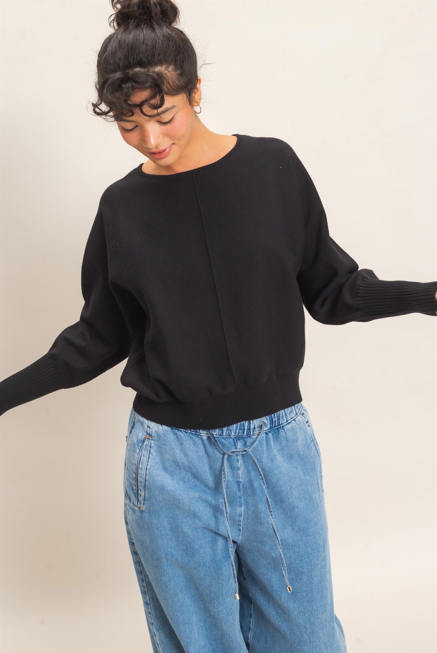 Wholesale Batwing Sleeve Center Seam Sweater Sweaters DZ26E079 BLACK DOUBLE ZERO