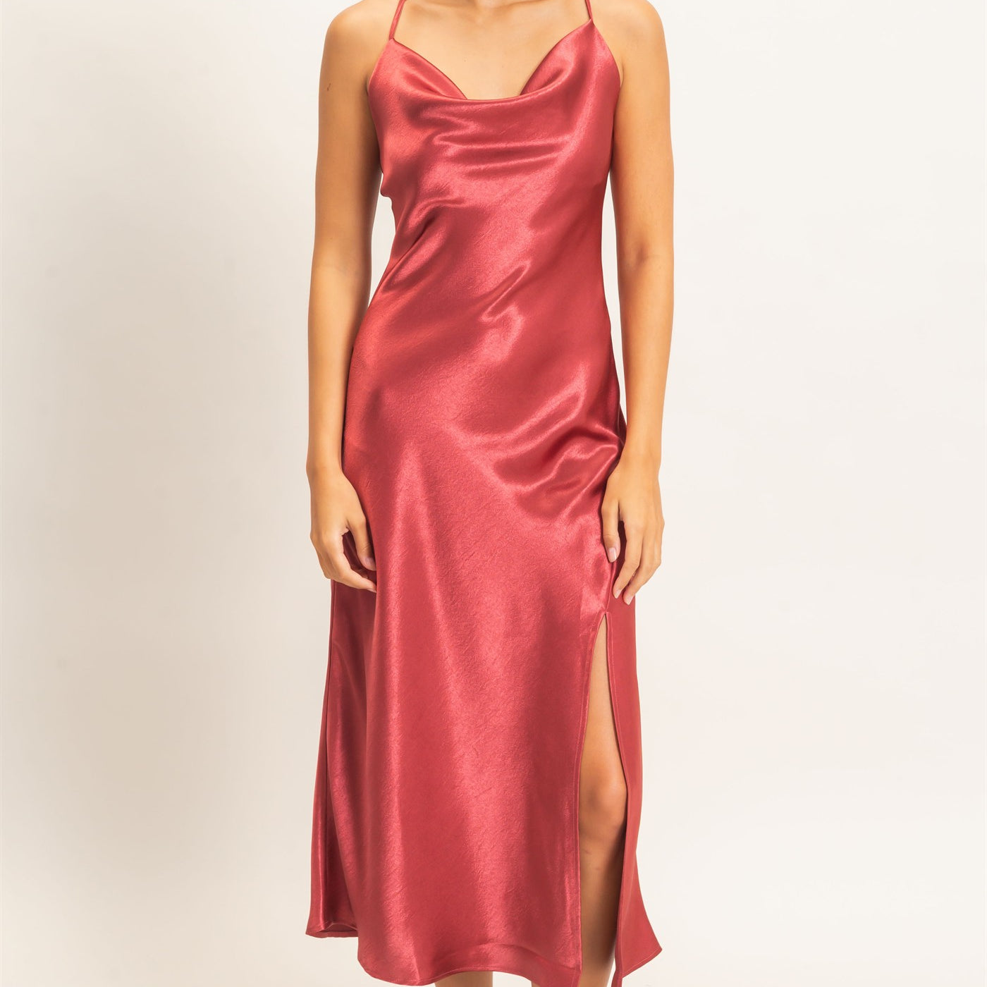 Wholesale Cowl Neck Satin Slip Dress Dresses DZ26E251 DARK RED DOUBLE ZERO