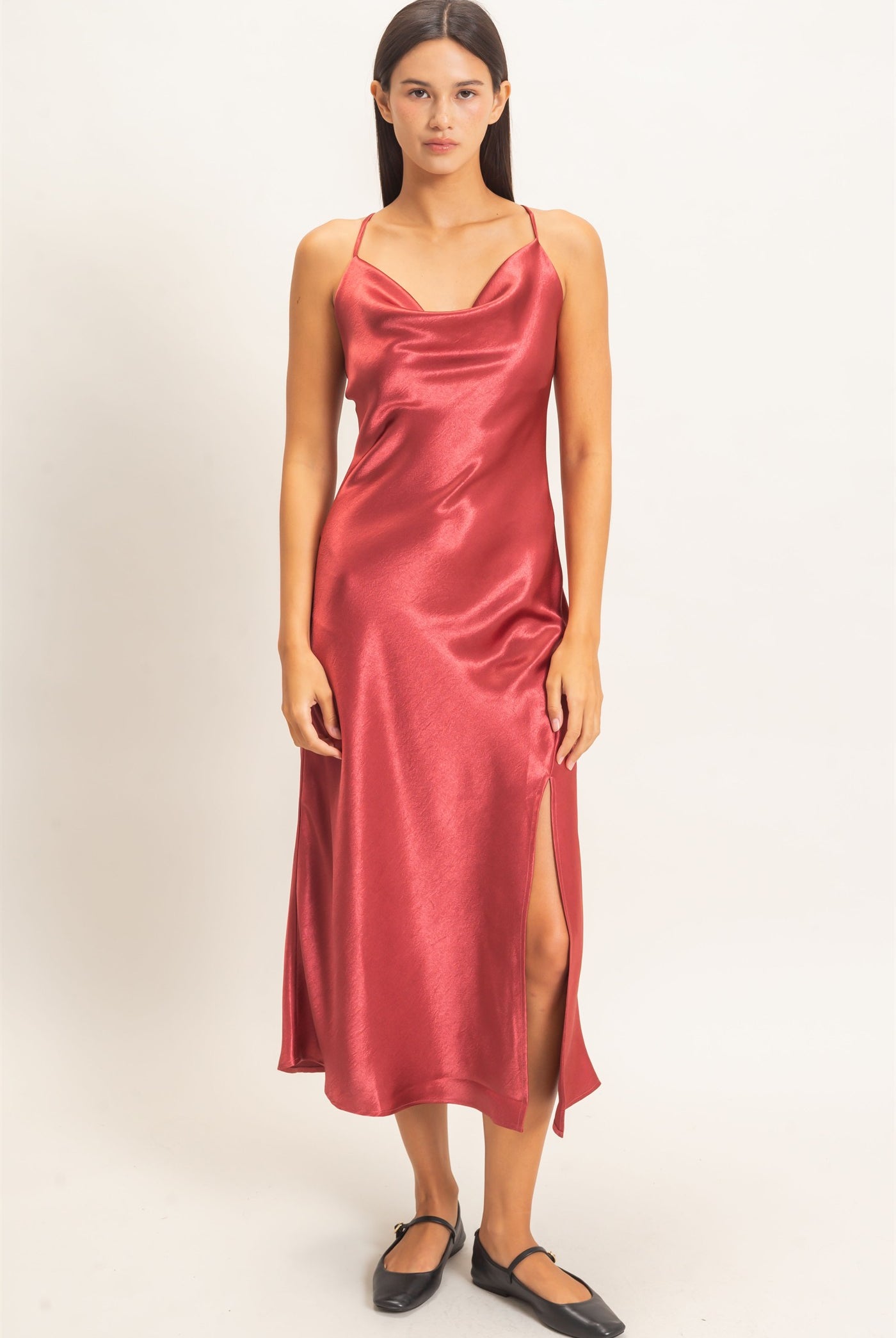 Wholesale Cowl Neck Satin Slip Dress Dresses DZ26E251 DARK RED DOUBLE ZERO