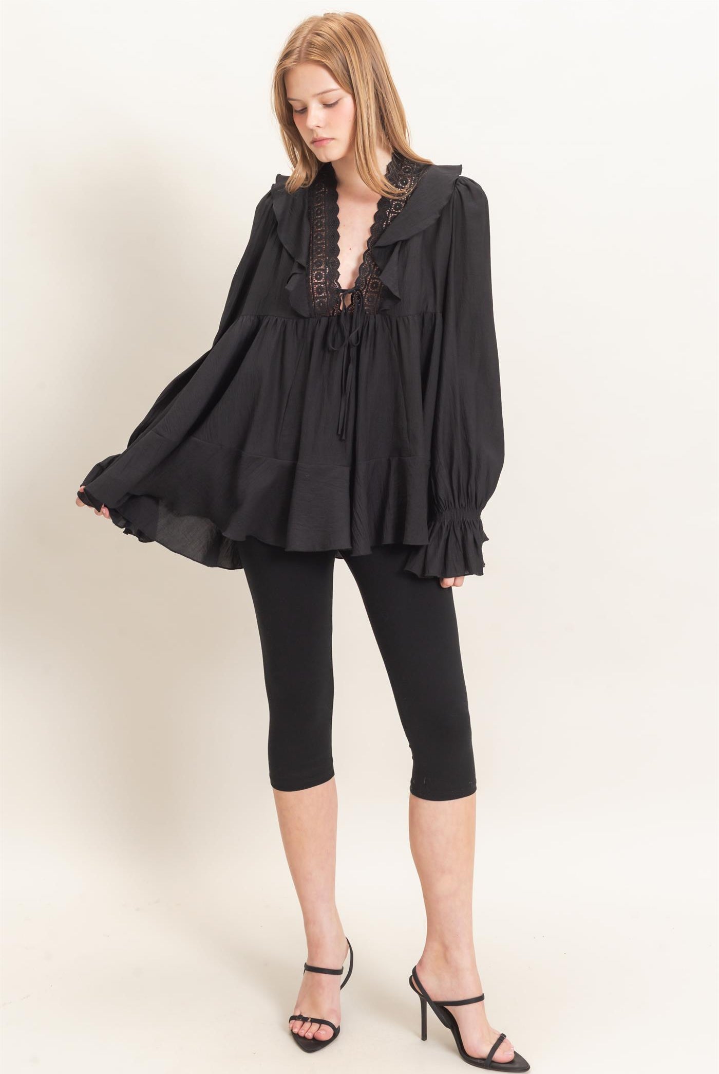Wholesale Ruffle Lace Tie Neck Blouse Tunics HF26E642 BLACK HYFVE