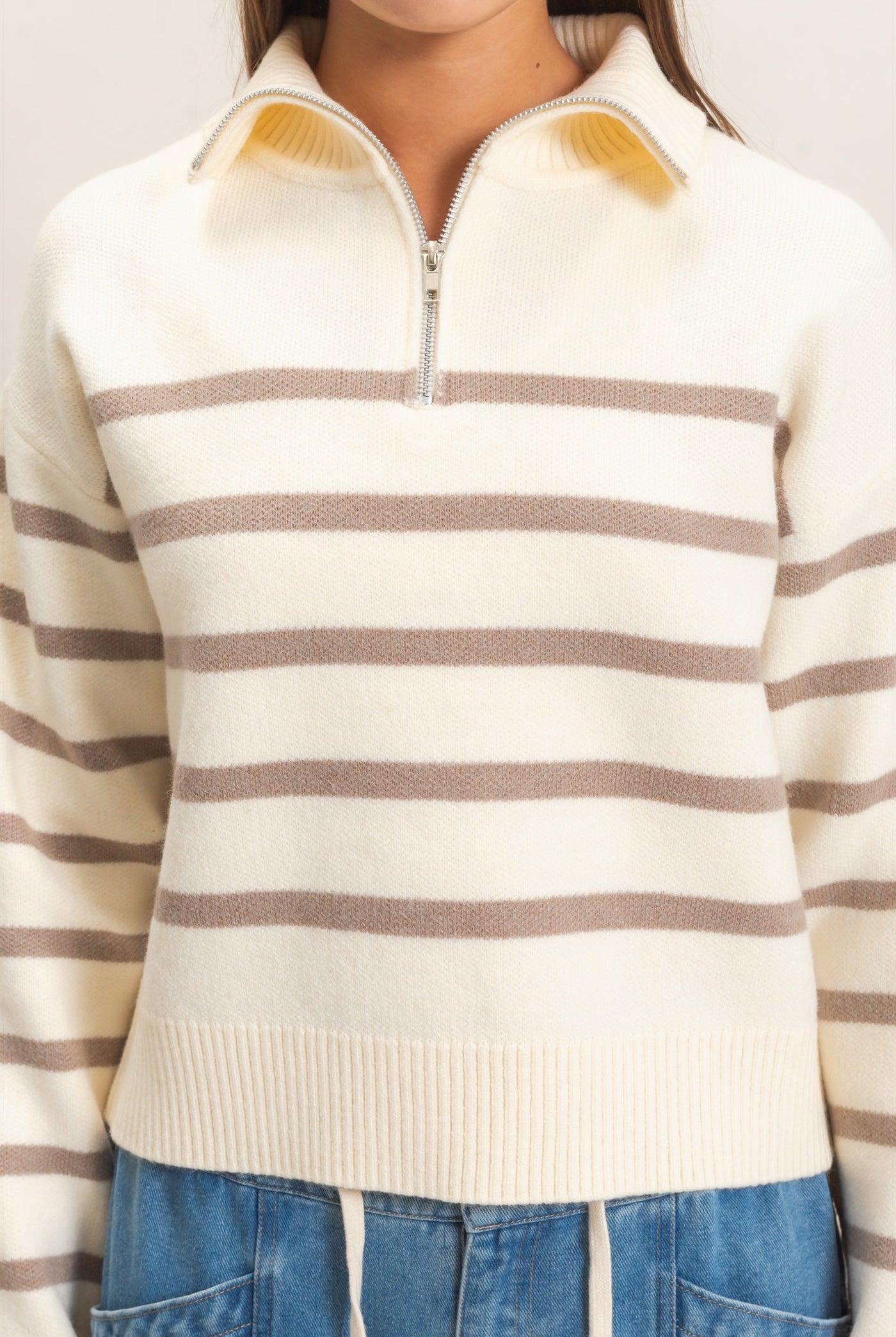 Wholesale Half-Zip Collared Stripe Sweater Sweaters DZ26E950 TAUPE DOUBLE ZERO