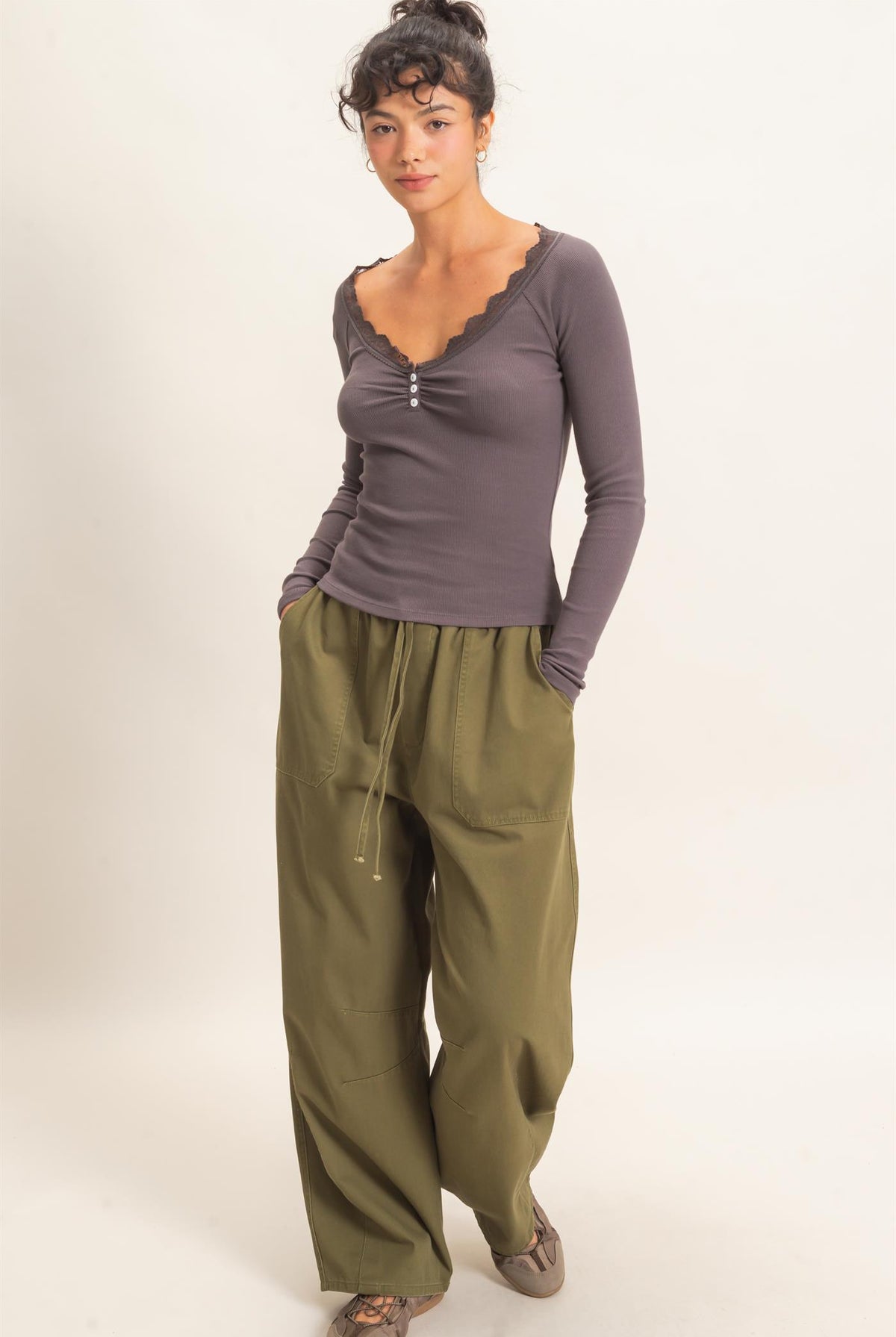Wholesale Twill Elastic Waist Barrel Pants Pants DZ27A228 DARK OLIVE DOUBLE ZERO