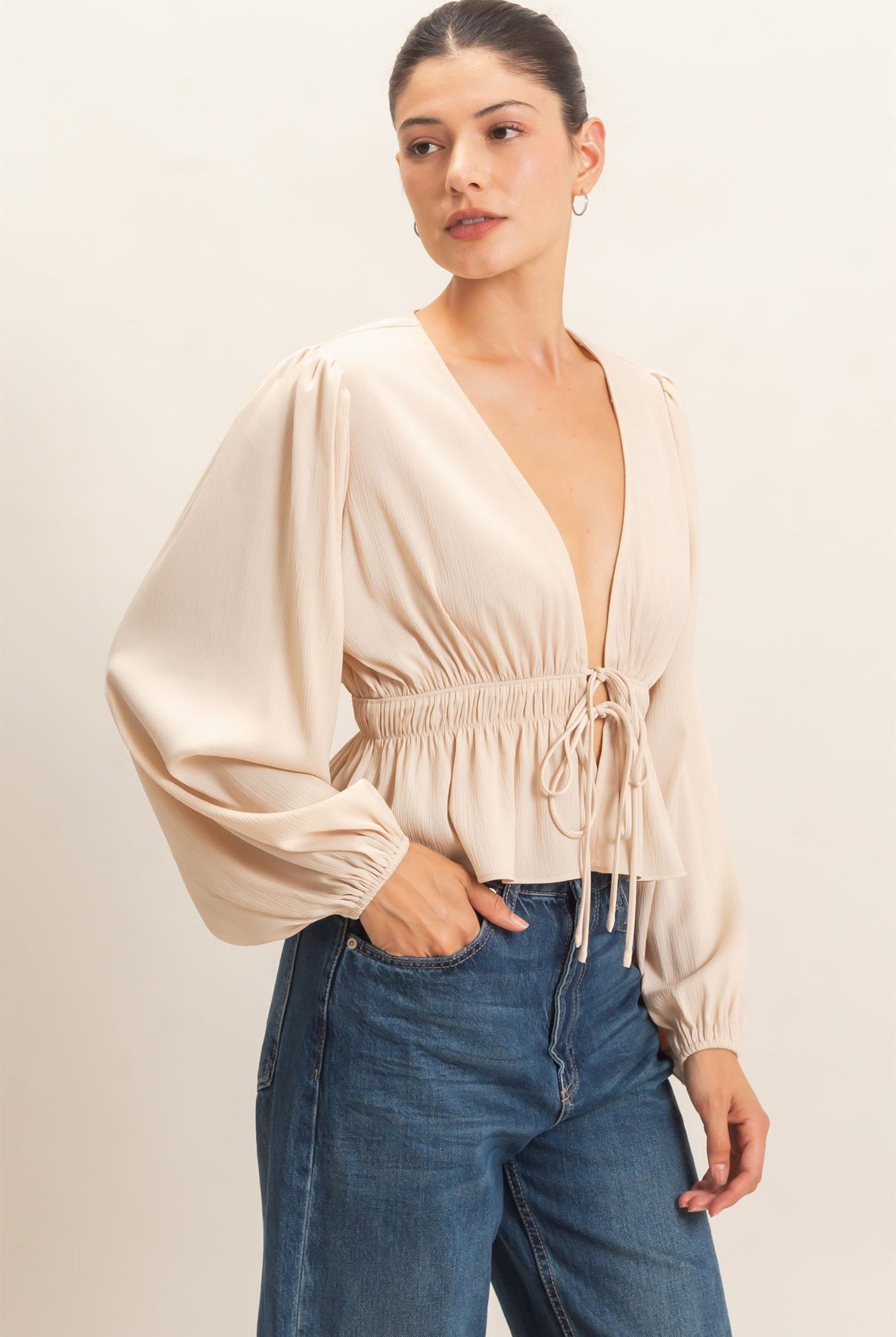 Wholesale Plunging Tie-Front Blouse Blouses HF26F082 CHAMPAGNE HYFVE