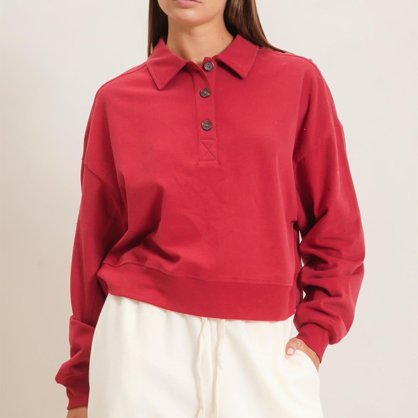 Wholesale Washed Button-Front Collared Sweatshirt Sweatshirts DZ26E390 DARK RED DOUBLE ZERO