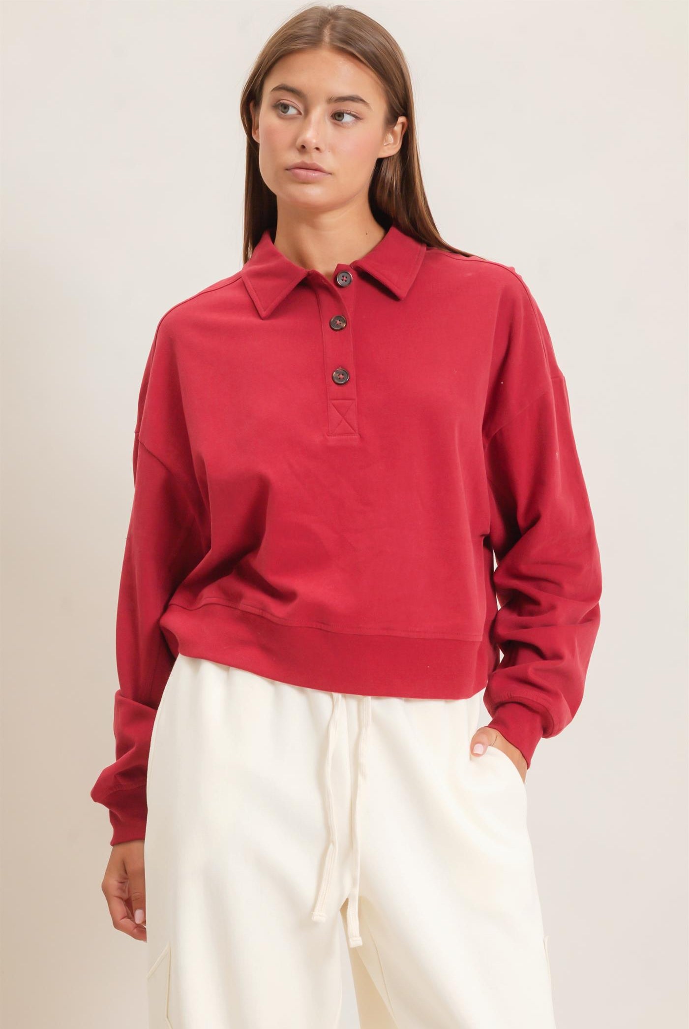 Wholesale Washed Button-Front Collared Sweatshirt Sweatshirts DZ26E390 DARK RED DOUBLE ZERO