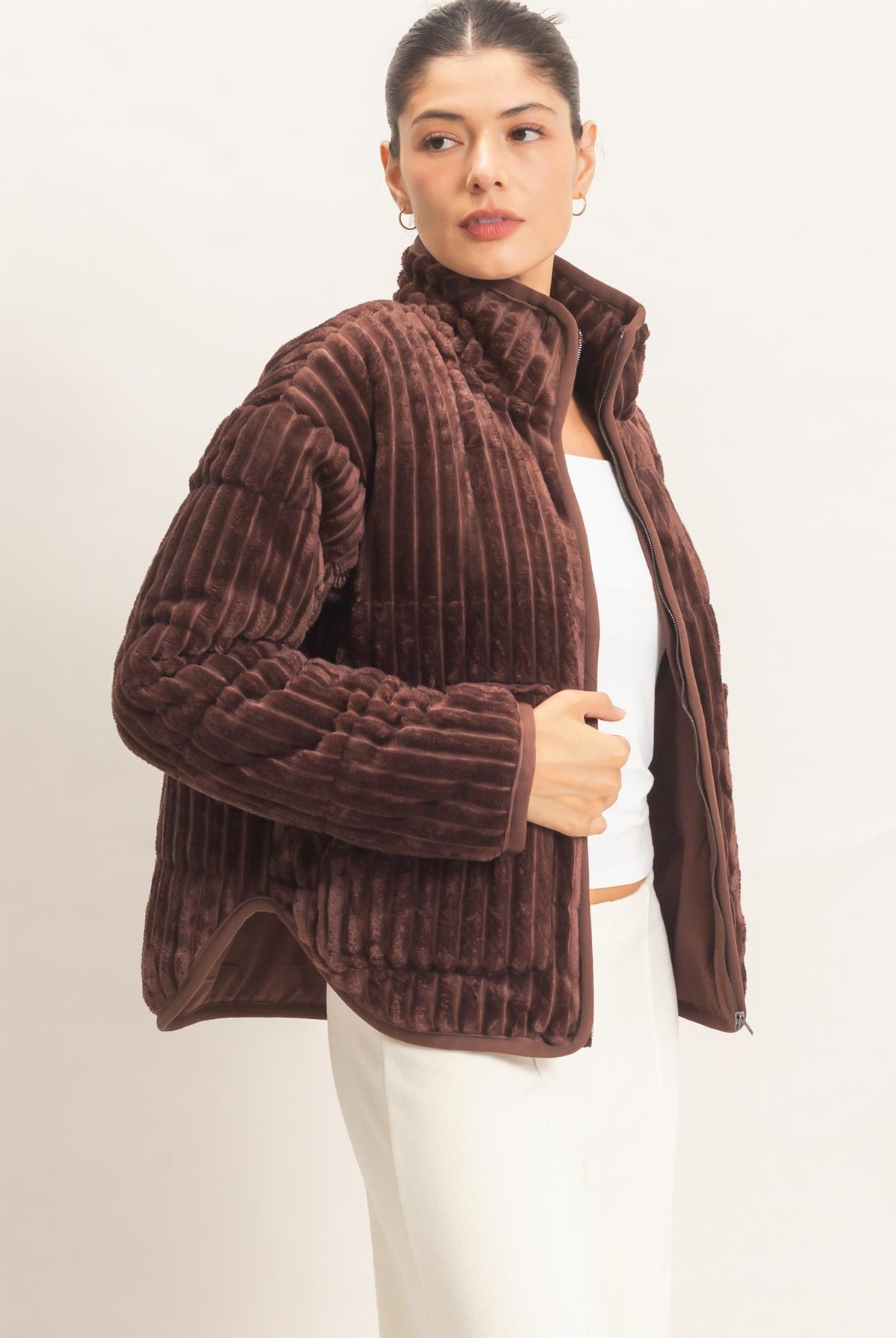 Wholesale Quilted Corduroy Zip-Up Jacket Coats & Jackets HF26E753 CHOCOLATE HYFVE