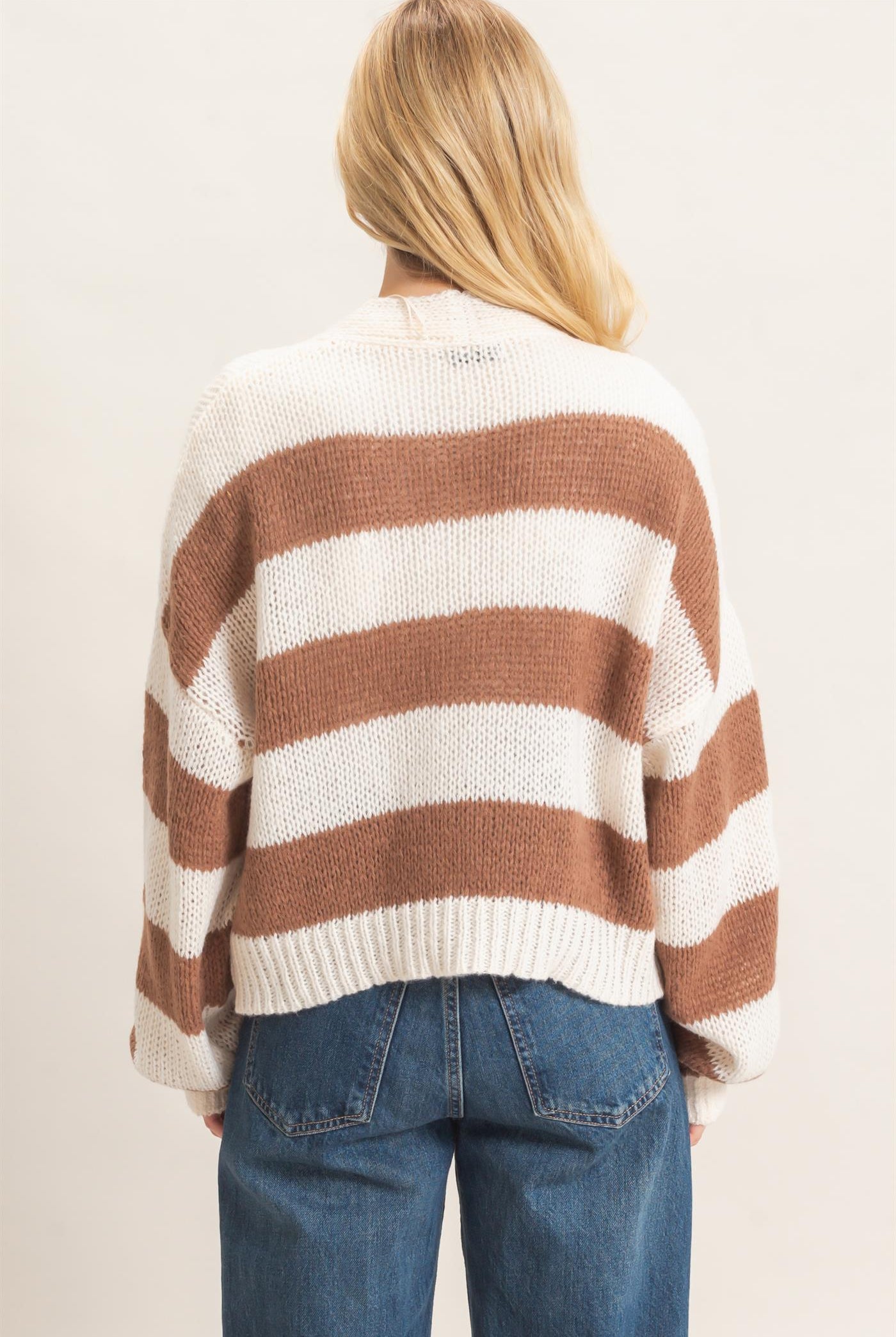 Wholesale Striped V-Neck Sweater Cardigan Cardigans HF26E959 BROWN HYFVE
