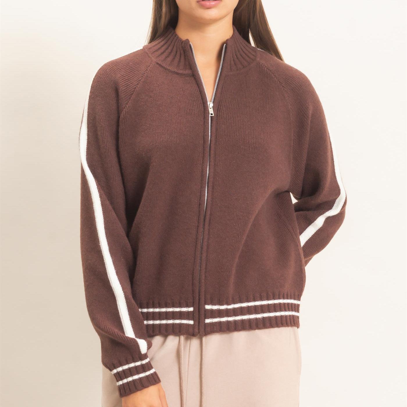 Wholesale Contrast Stripe Zip-Up Sweater Sweaters DZ26E861 DARK BROWN DOUBLE ZERO