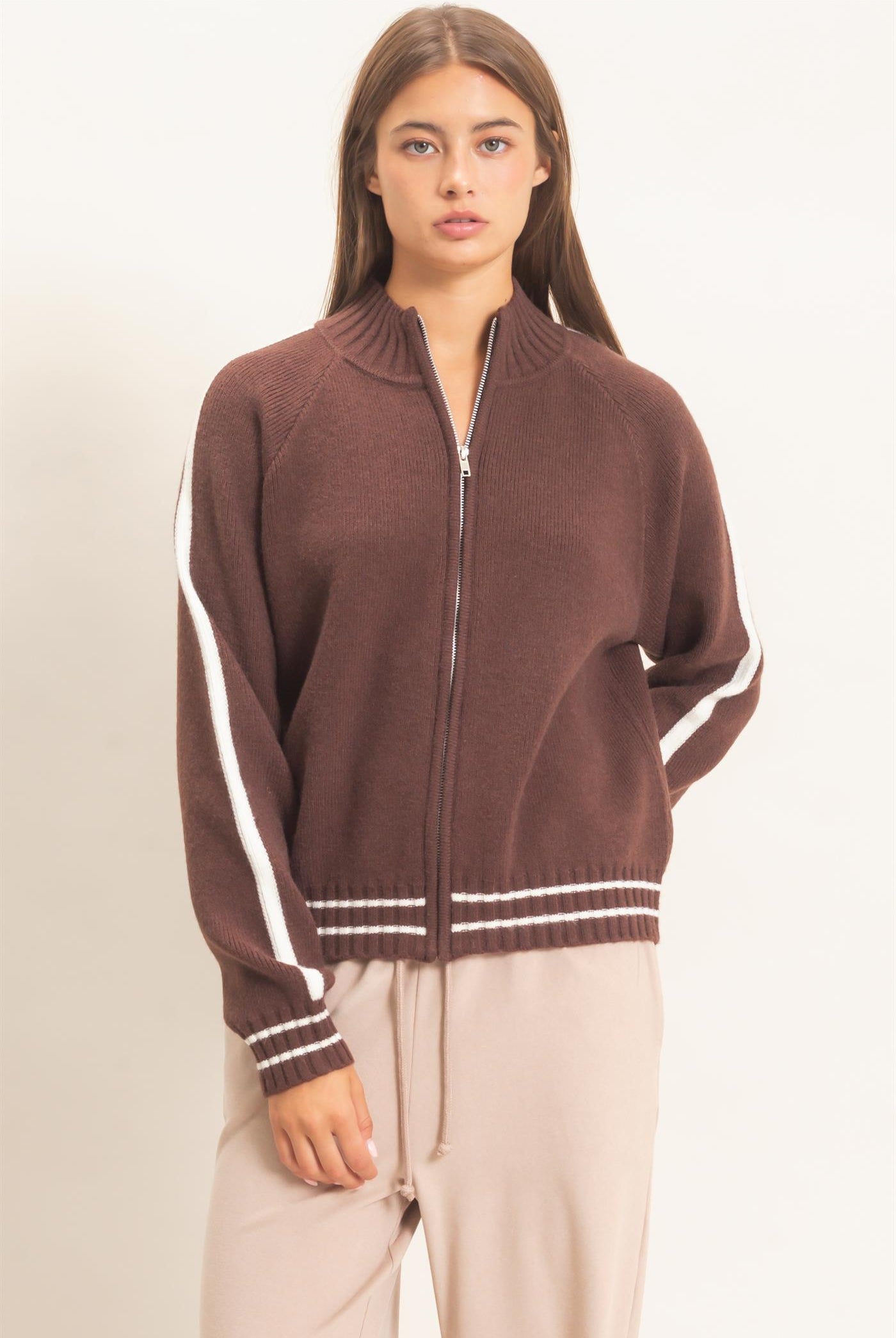 Wholesale Contrast Stripe Zip-Up Sweater Sweaters DZ26E861 DARK BROWN DOUBLE ZERO