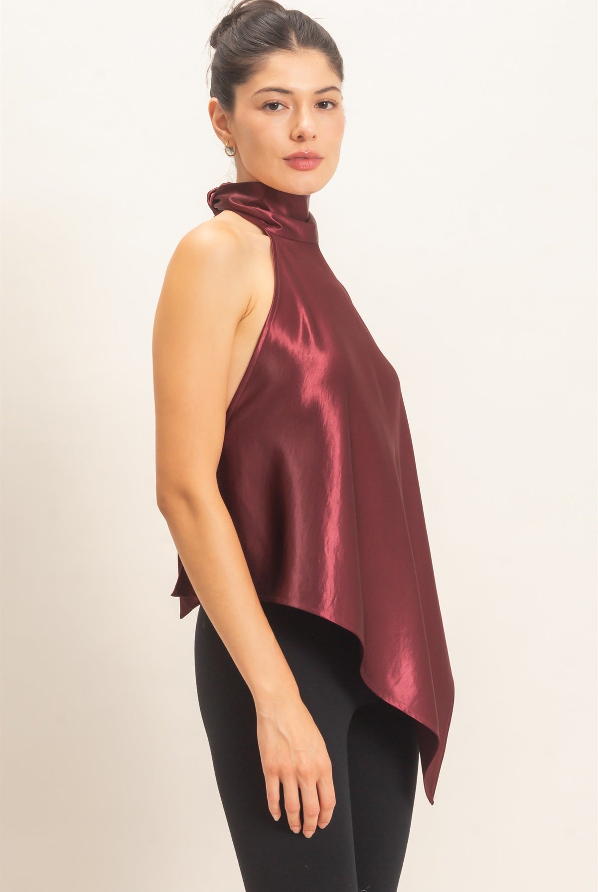 Wholesale Asymmetrical Satin Halter Top Blouses HF26F114 WINE HYFVE