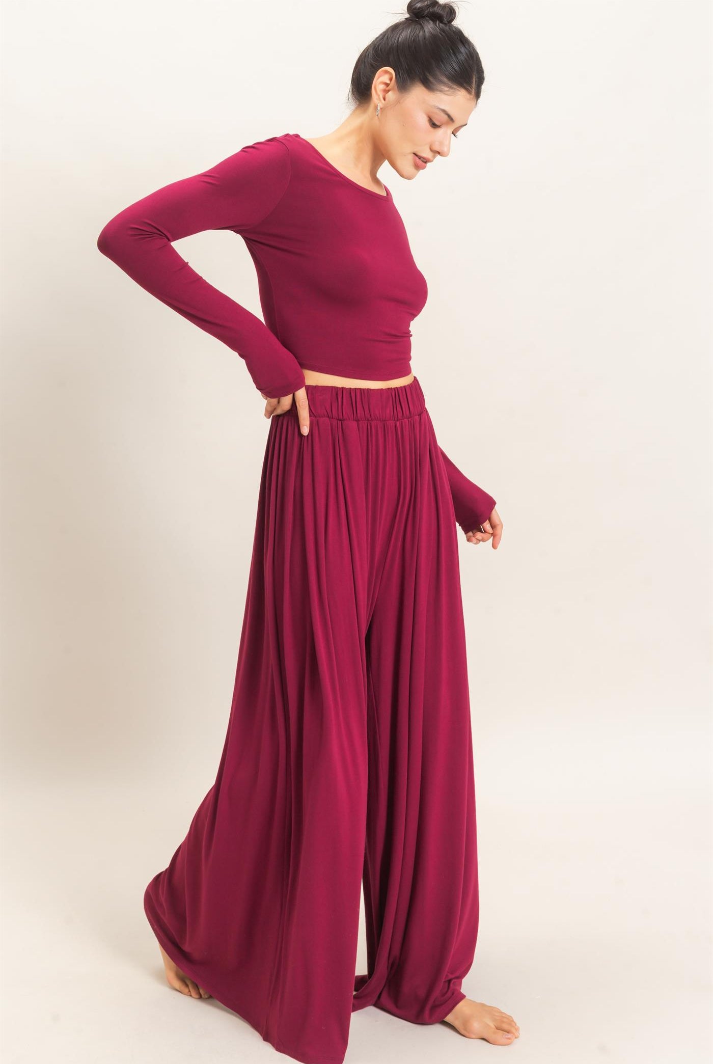 Wholesale Long Sleeve Top & Wide Leg Pants Set Clothing HF26F227-SET-D BURGUNDY HYFVE