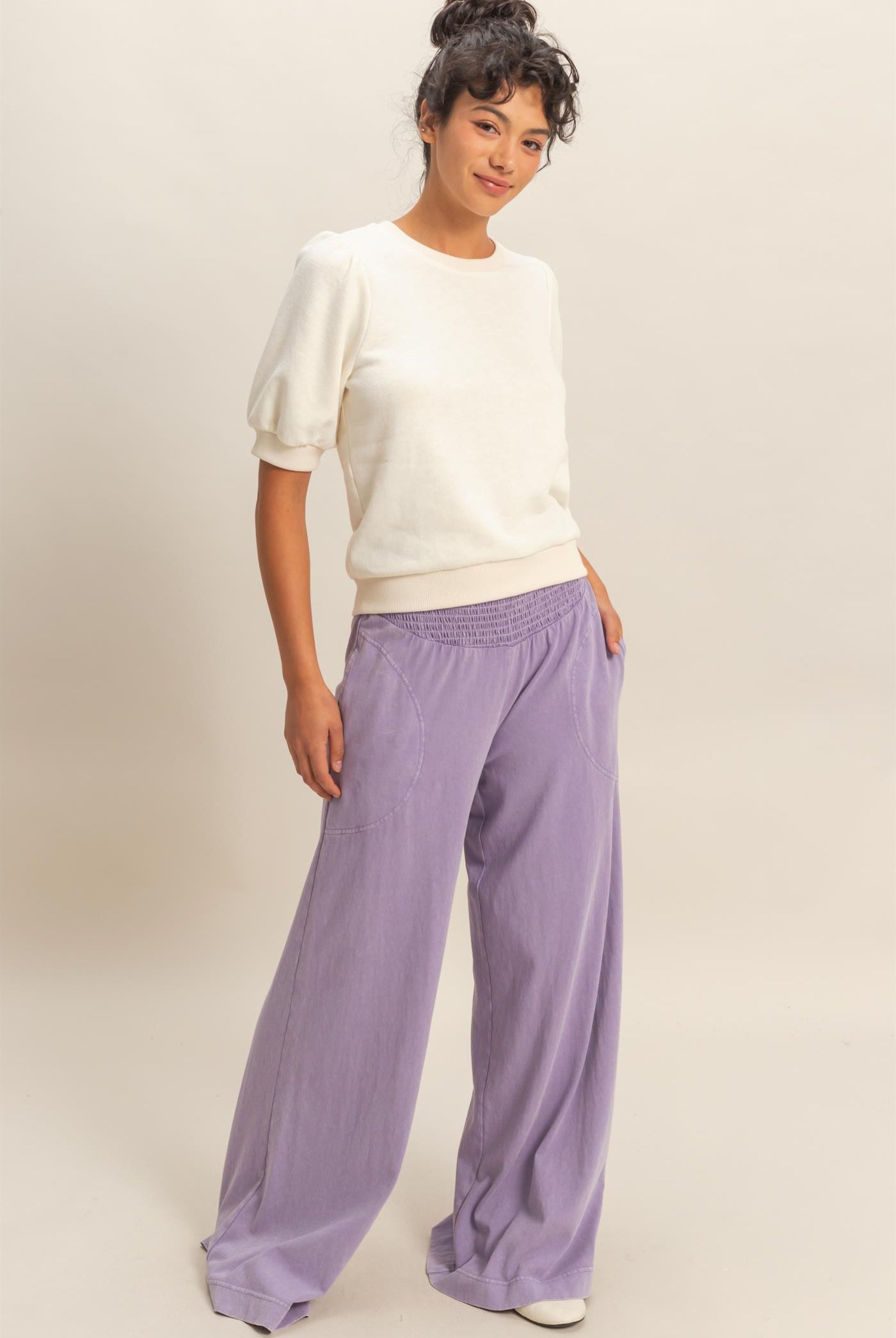 Wholesale Mineral Washed Wide-Leg Smocked Waist Pants Pants DZ26A249 DUSTY PURPLE DOUBLE ZERO