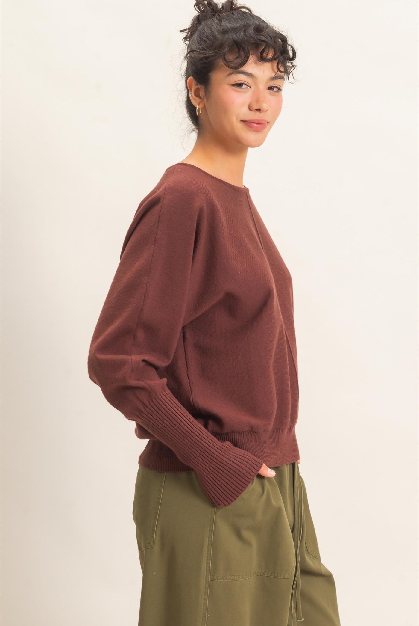 Wholesale Batwing Sleeve Center Seam Sweater Sweaters DZ26E079 DARK BROWN DOUBLE ZERO