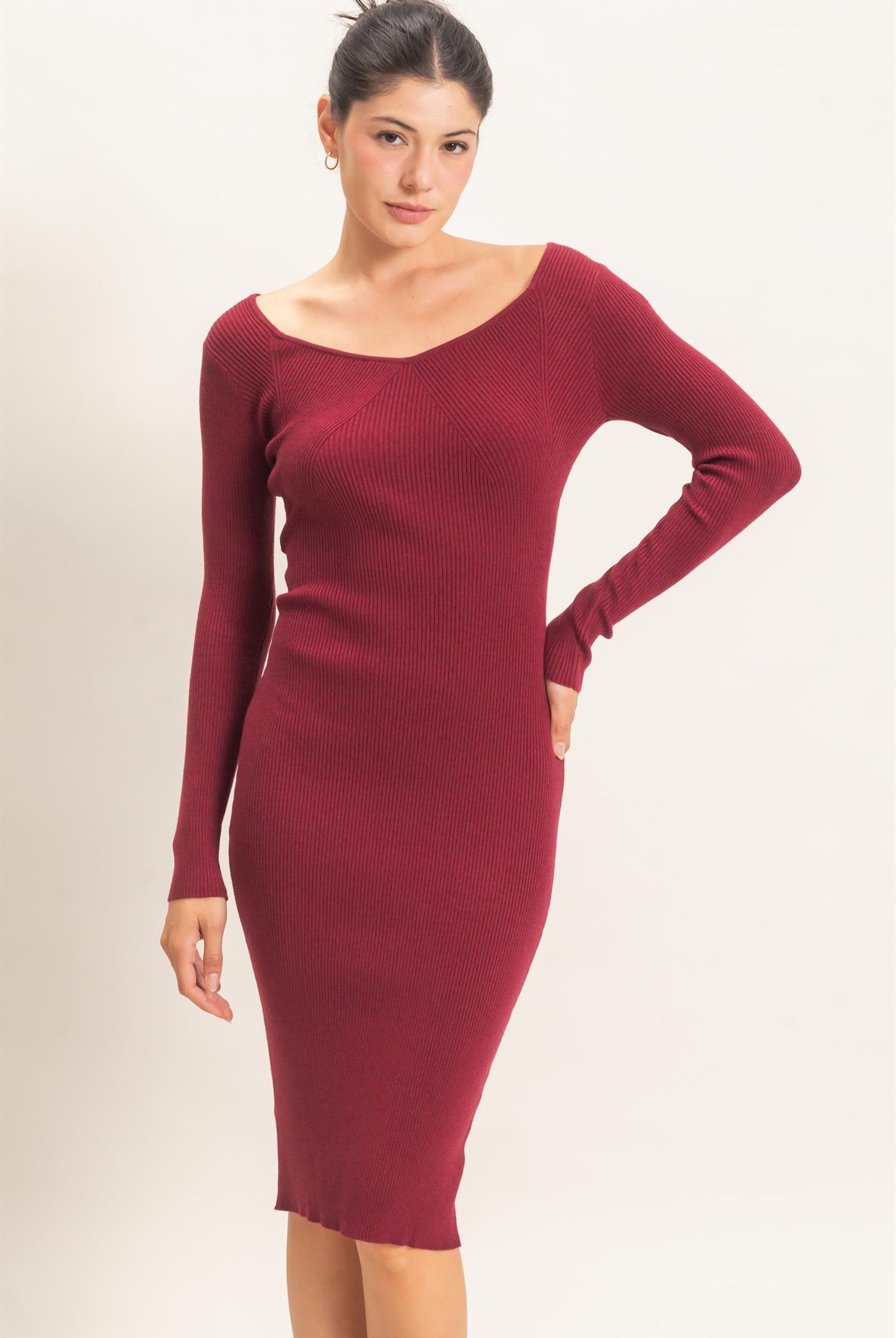 Wholesale Ribbed V-Neck Long Sleeve Dress Dresses HF26E217 RUBY WINE HYFVE