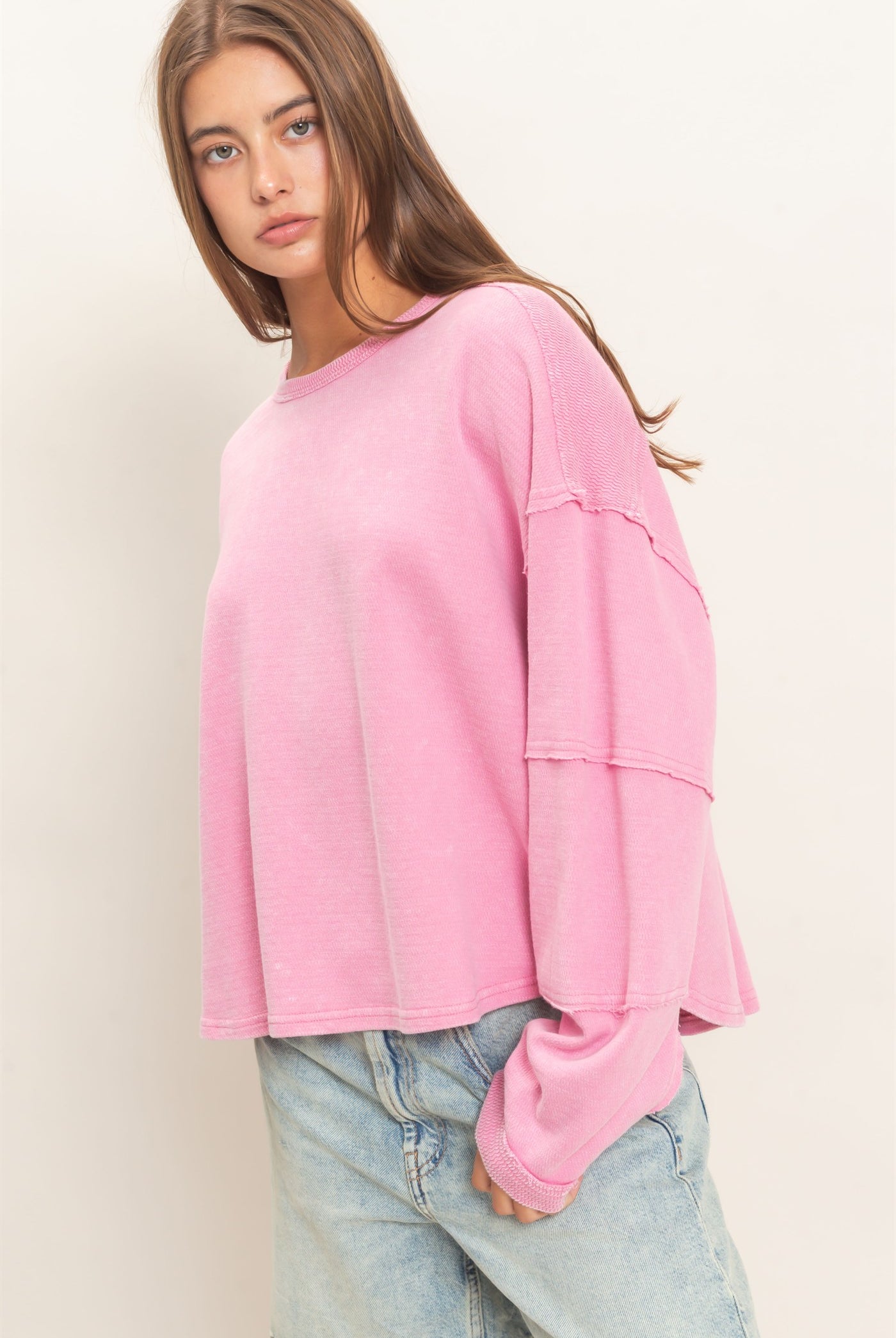 Wholesale Mineral Wash Overzised Raw Edge Crew Neck Top Clothing Tops DZ26E449 PINK DOUBLE ZERO