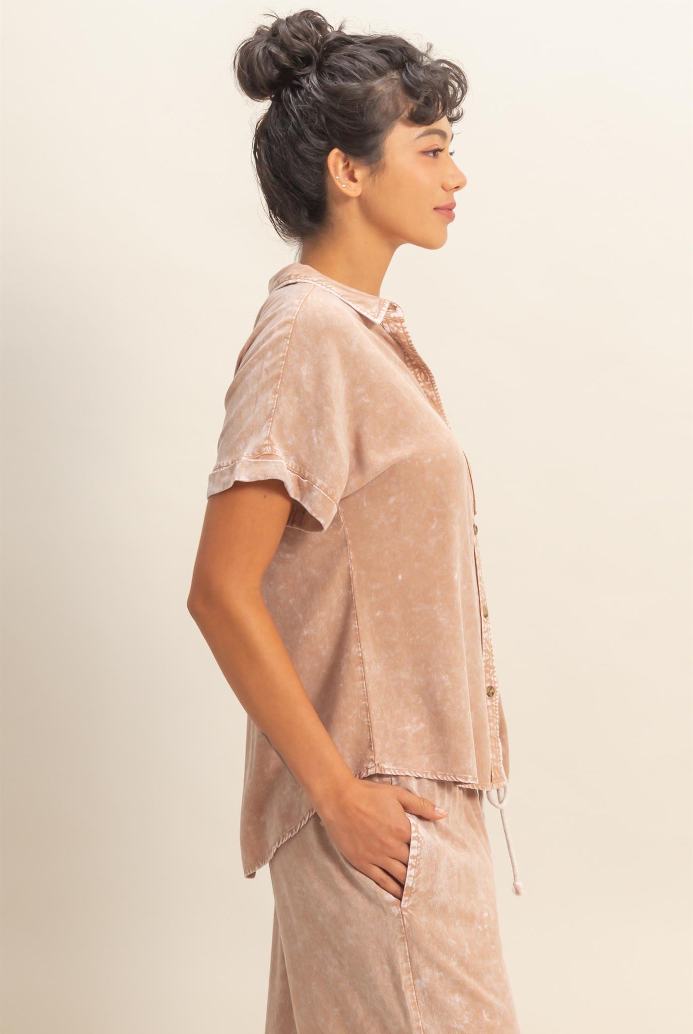 Wholesale Mineral Wash Button-Up Dolman Sleeve Shirt Shirts DZ26C132 DARK TAUPE DOUBLE ZERO