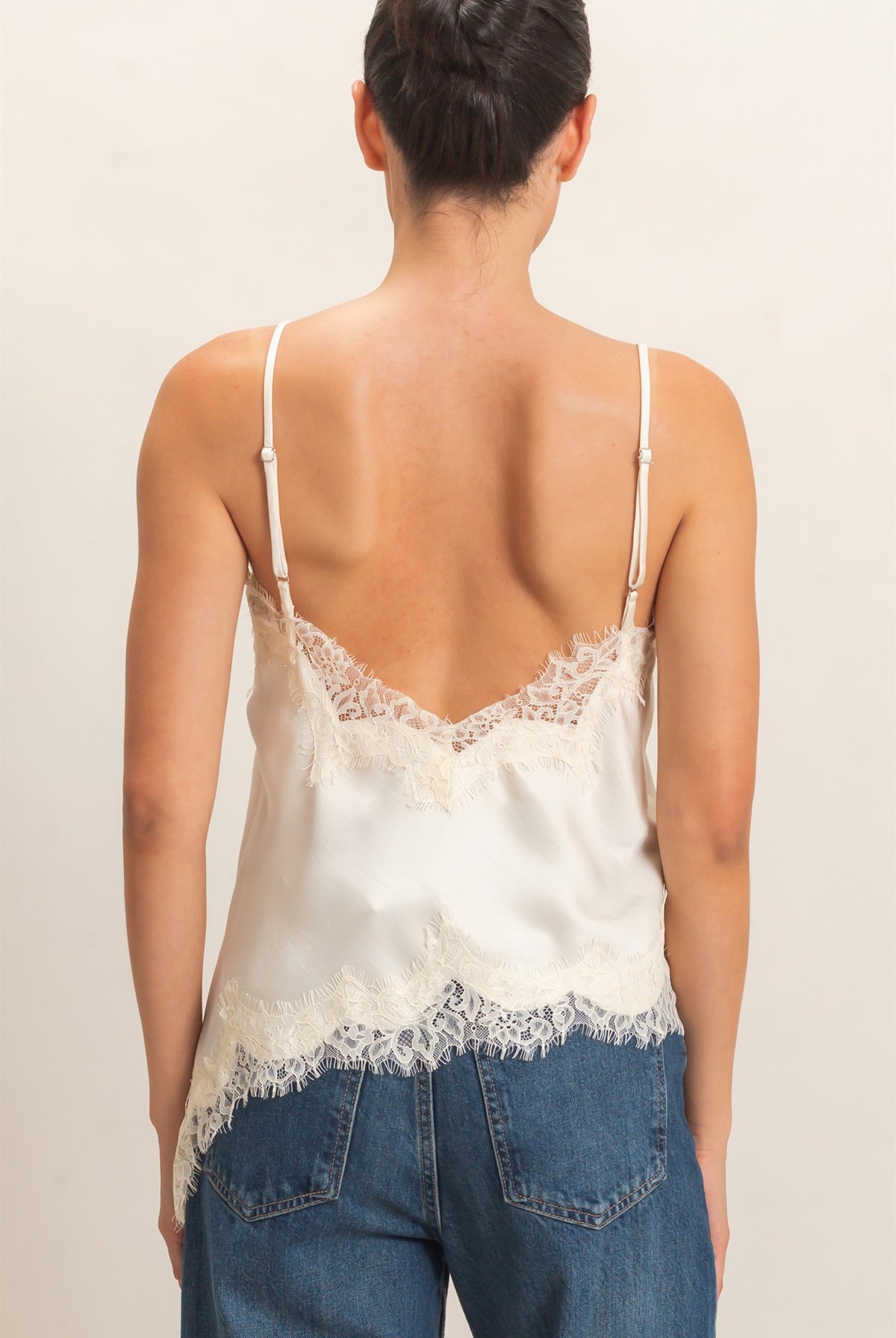 Wholesale Asymmetrical Satin Lace Top Camisoles HF26C945-D CREAM HYFVE