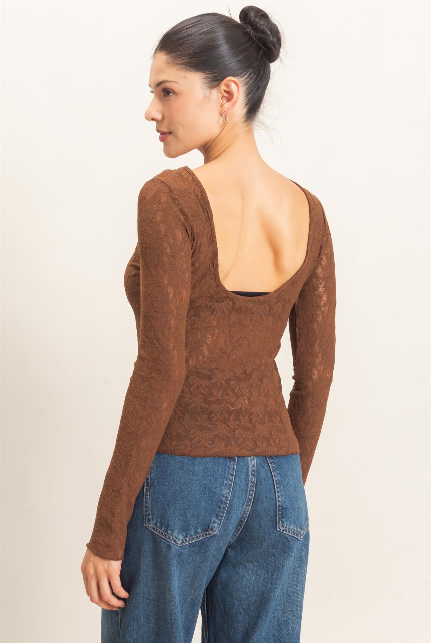 Wholesale Floral Lace Long Sleeve Top Clothing Tops HF26E309 BROWN HYFVE