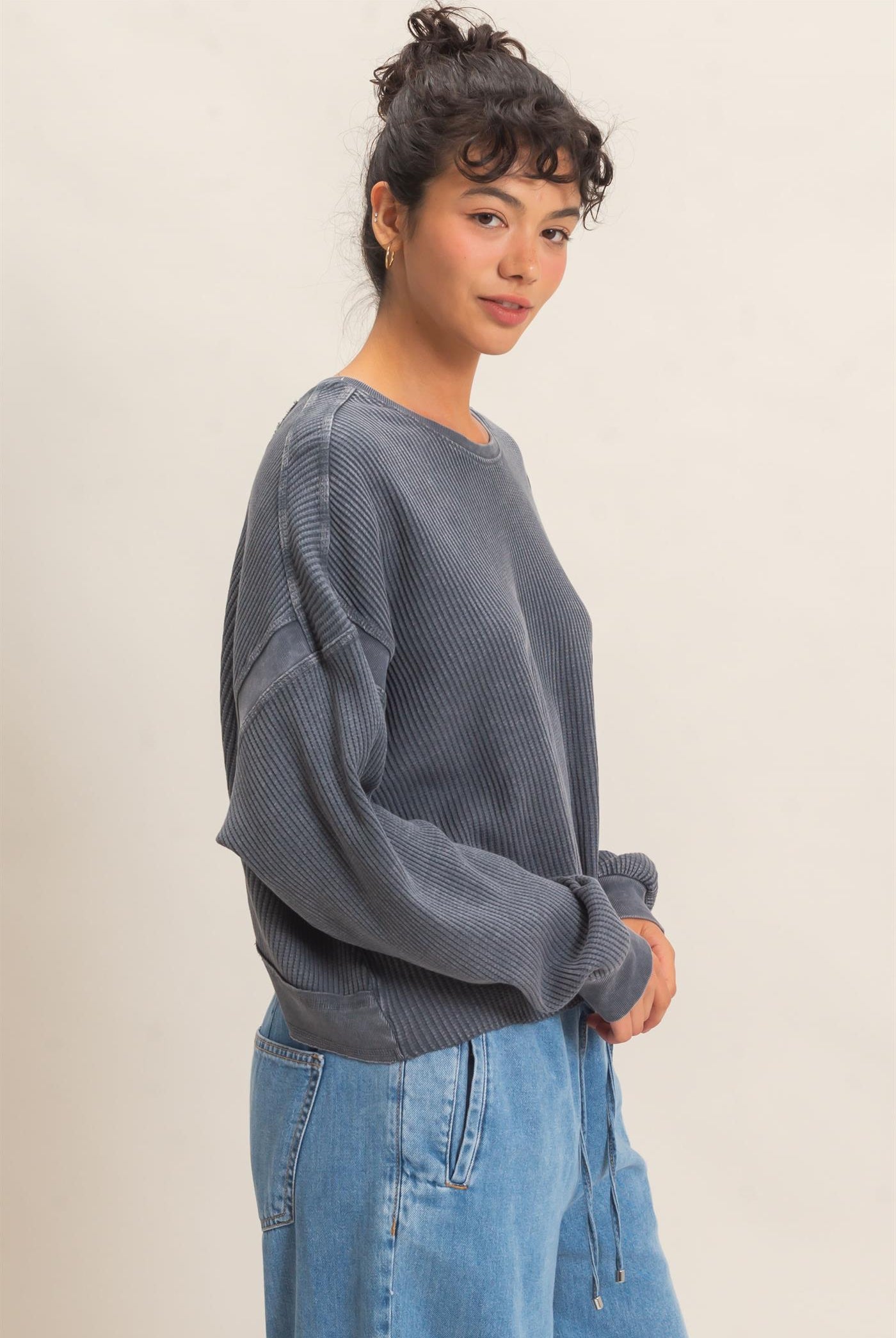 Wholesale Mineral Wash Waffle Open Back Top Clothing Tops DZ26C964 DARK GRAY DOUBLE ZERO