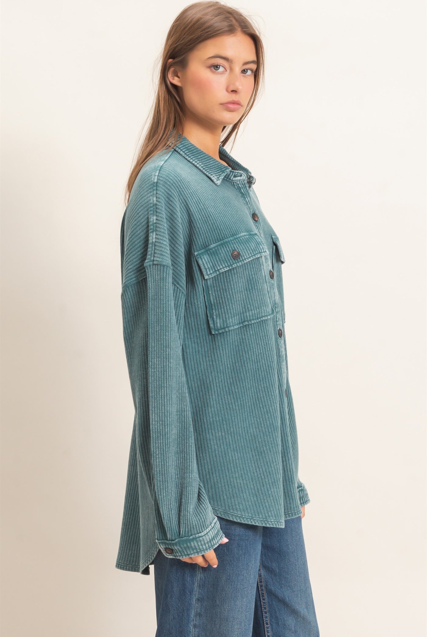 Wholesale Mineral Wash Waffle Knit Button-Up Shacket Coats & Jackets DZ26E249 DARK TEAL DOUBLE ZERO