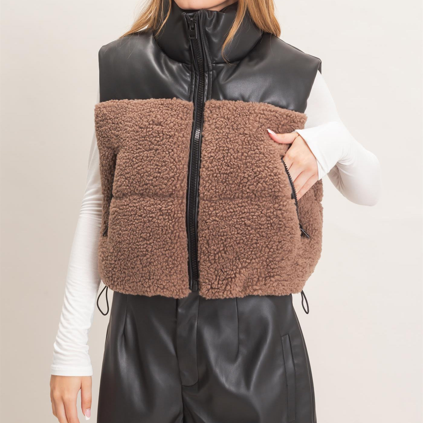 Wholesale Faux Fur & Pu Padded Vest Outerwear HF26F204 MOCHA HYFVE