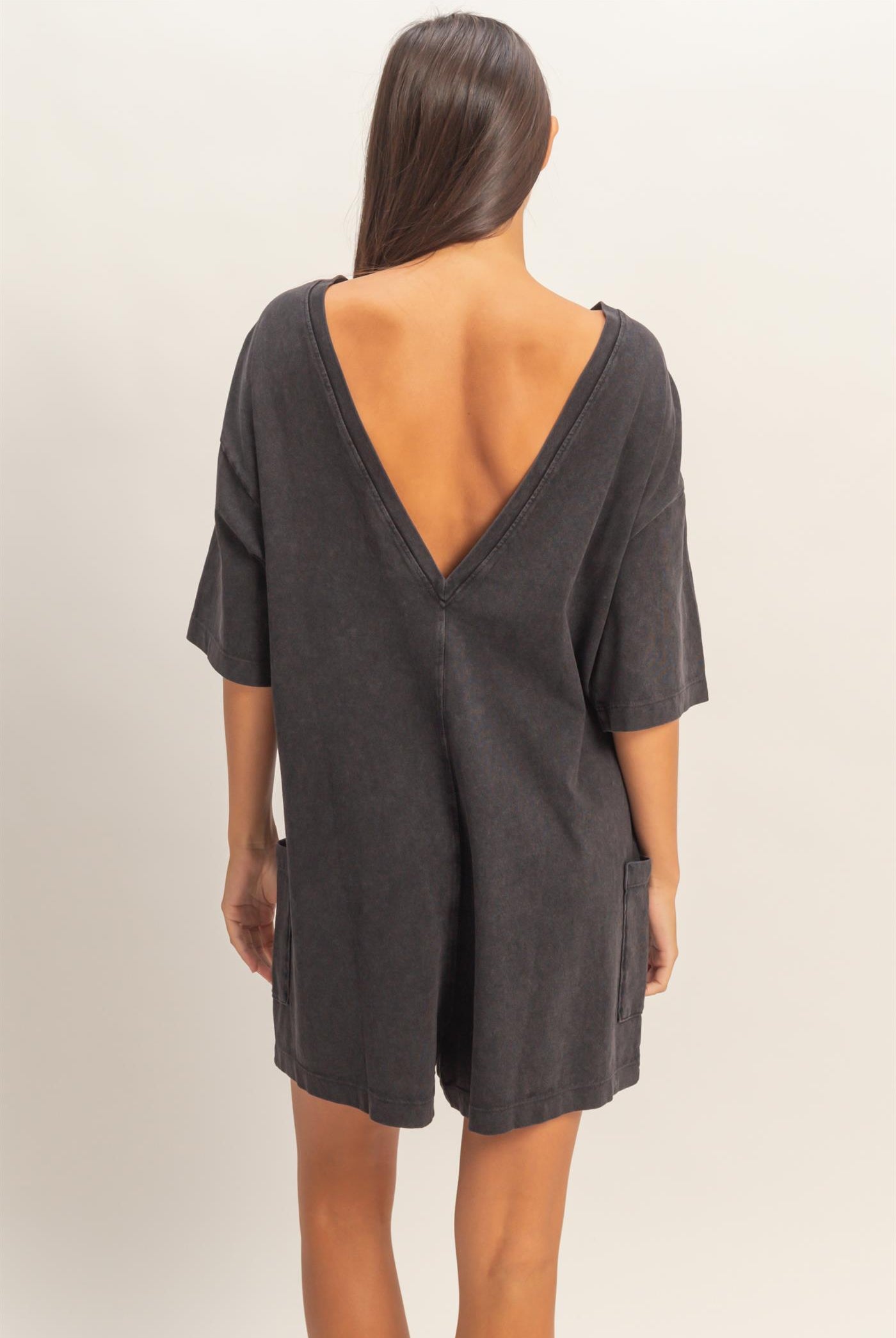 Wholesale Mineral Washed V-Back Romper Clothing DZ26A326 BLACK HYFVE