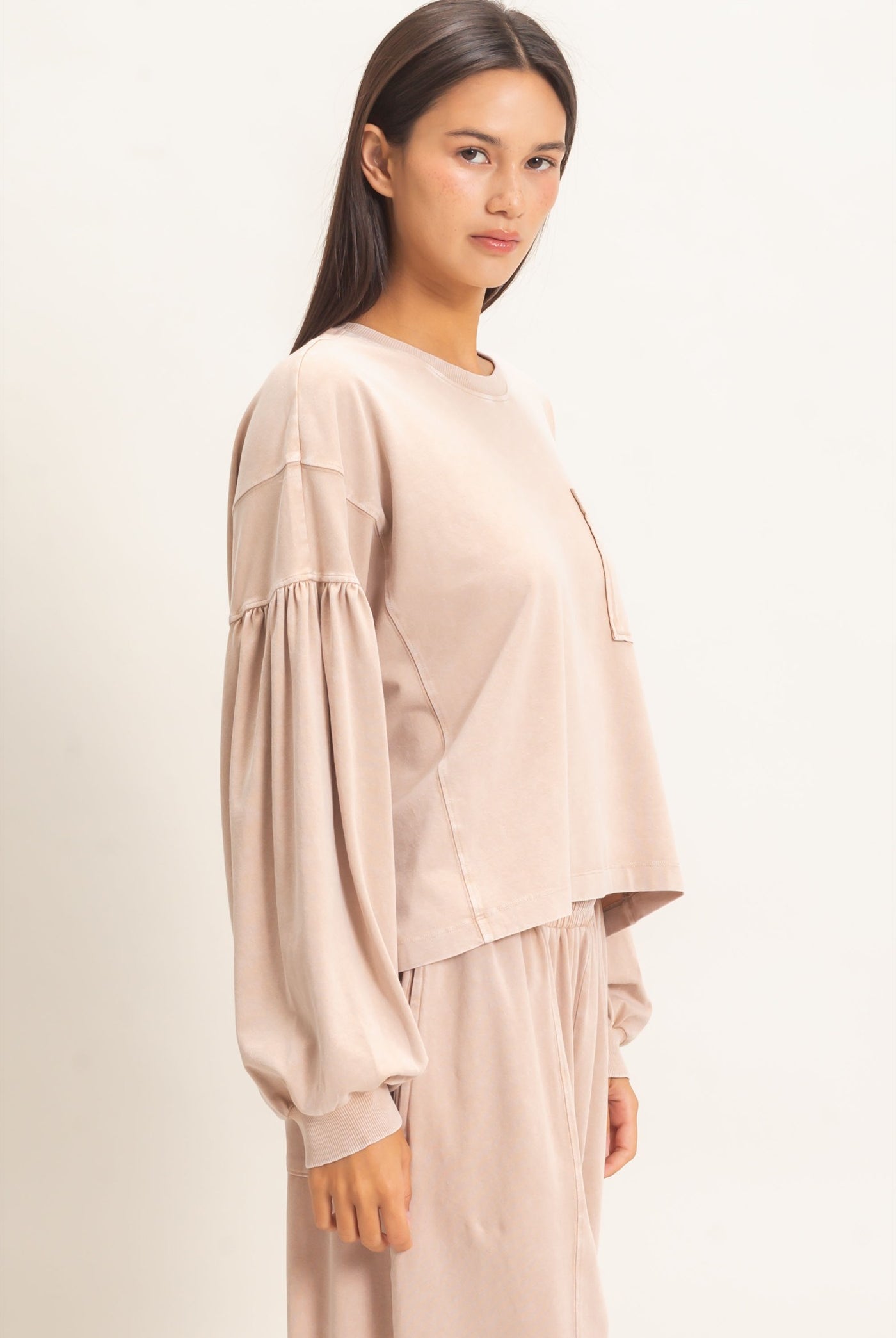 Wholesale Mineral Wash Puff Long Sleeve Boxy Top Clothing Tops DZ26F402 DARK TAUPE DOUBLE ZERO