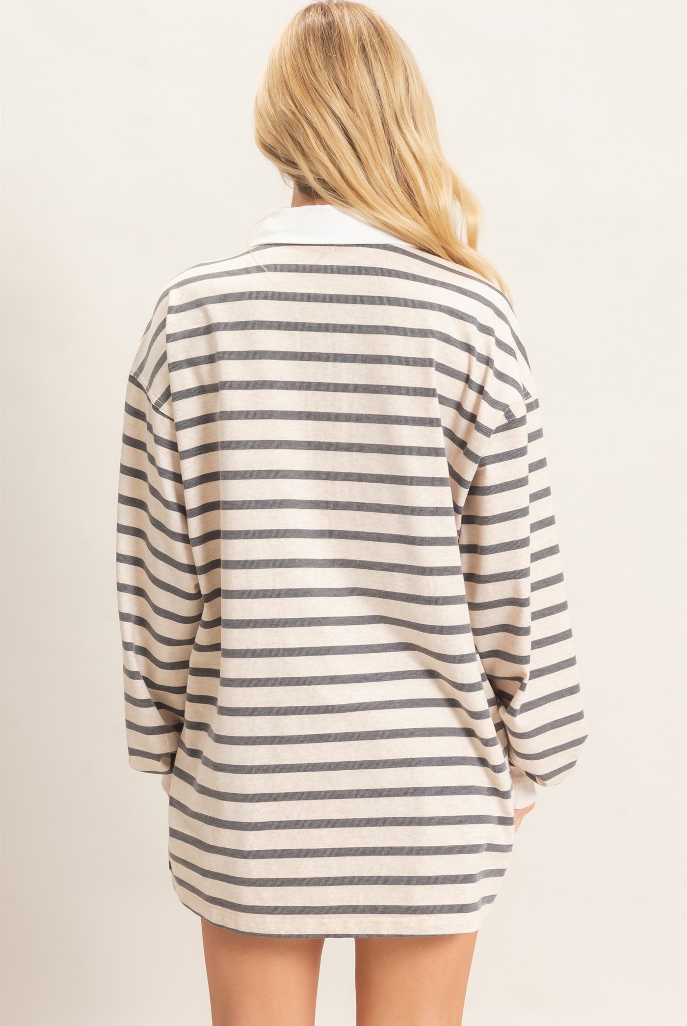 Wholesale Striped Polo Long Sleeve Top Clothing Tops HF26F078 GRAY/ECRU HYFVE