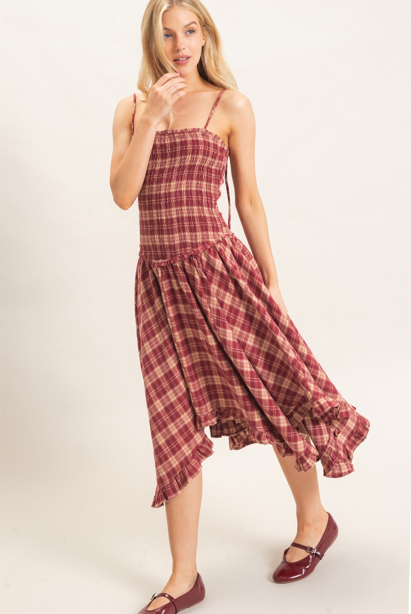 Wholesale Plaid Smocked Spaghetti Strap Dress Dresses HF26F211 BURGUNDY HYFVE